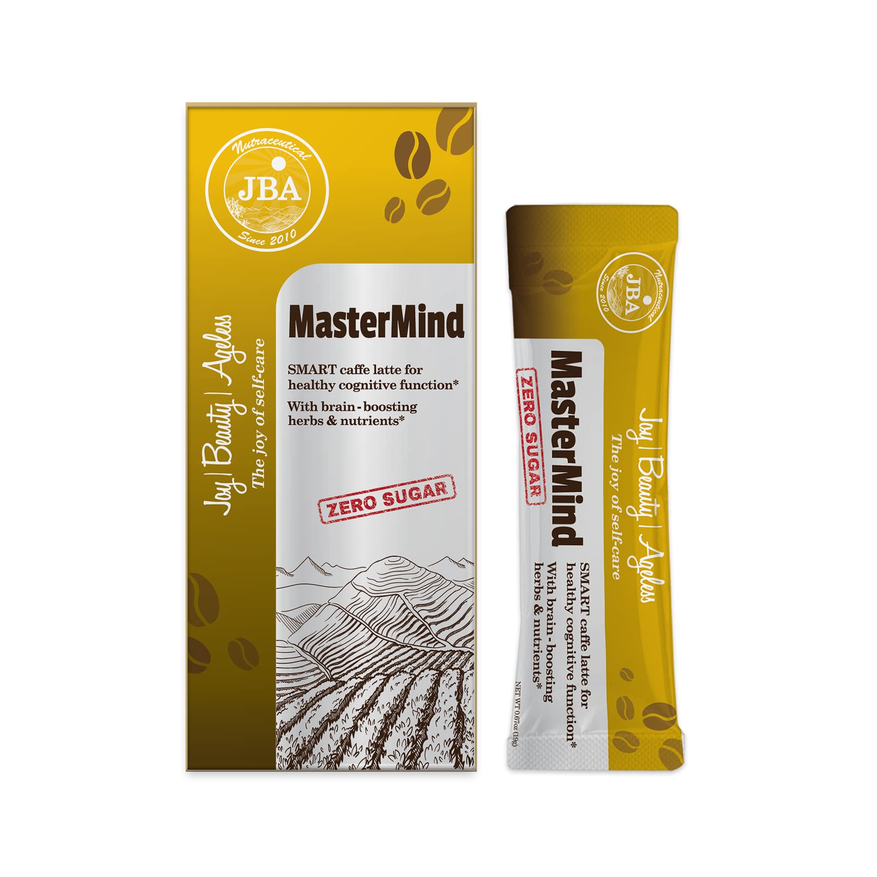 JBA Mastermind Smart Caffe Latte, Zero Sugar; Gingko Biloba, Ginseng and Coffee Supplement, 5 Packets