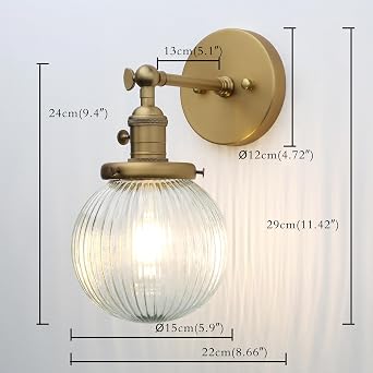 PERMO Vintage Industrial Wall Sconce Lighting Fixture with Mini 5.9 Round Clear Globe Ribbed Glass Shade (Antique Brass Gold)