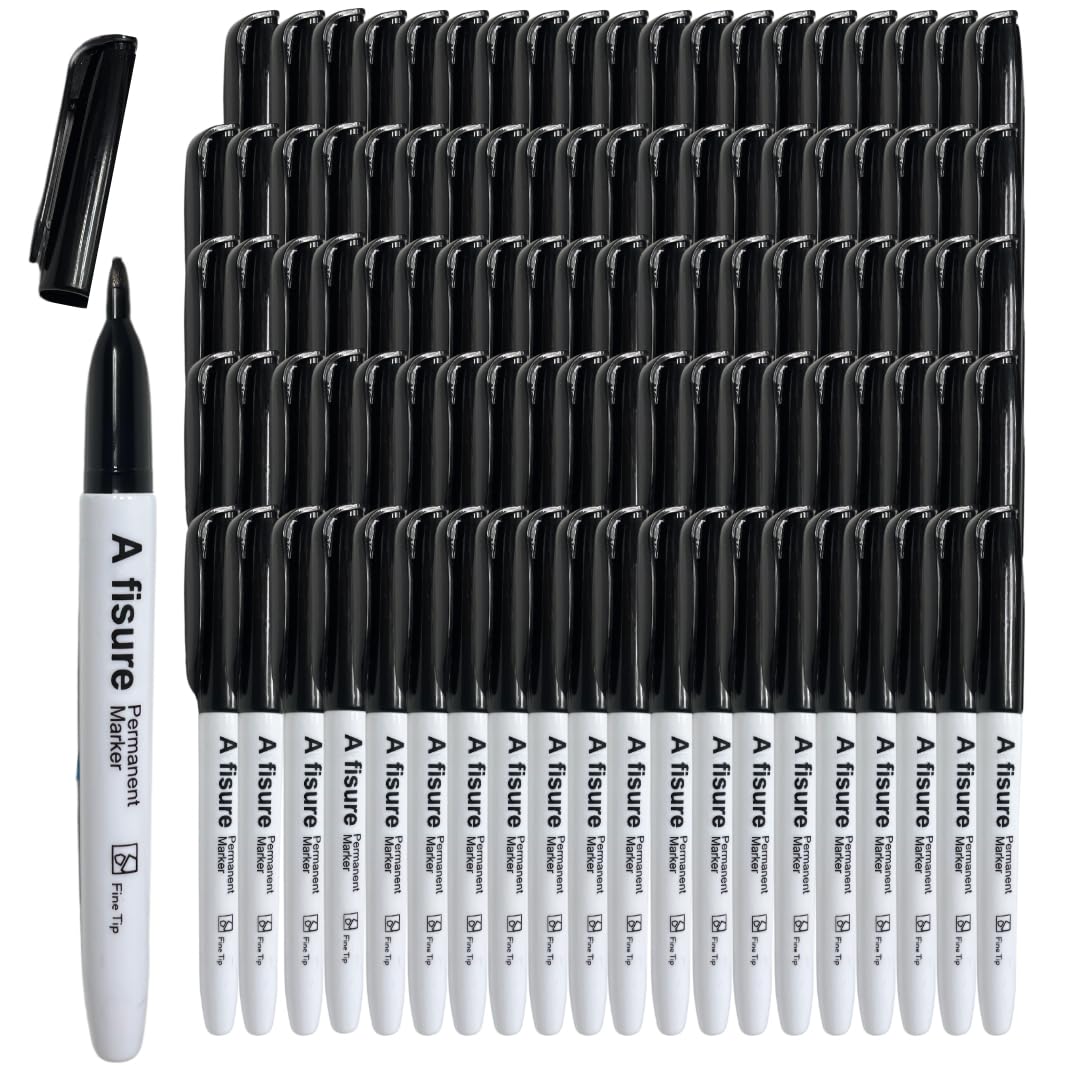 Lot de 100 marqueurs permanents noirs imperméables à pointe fine, résistants à la décoloration, écrits sur le plastique, le métal, le verre et la pierre.