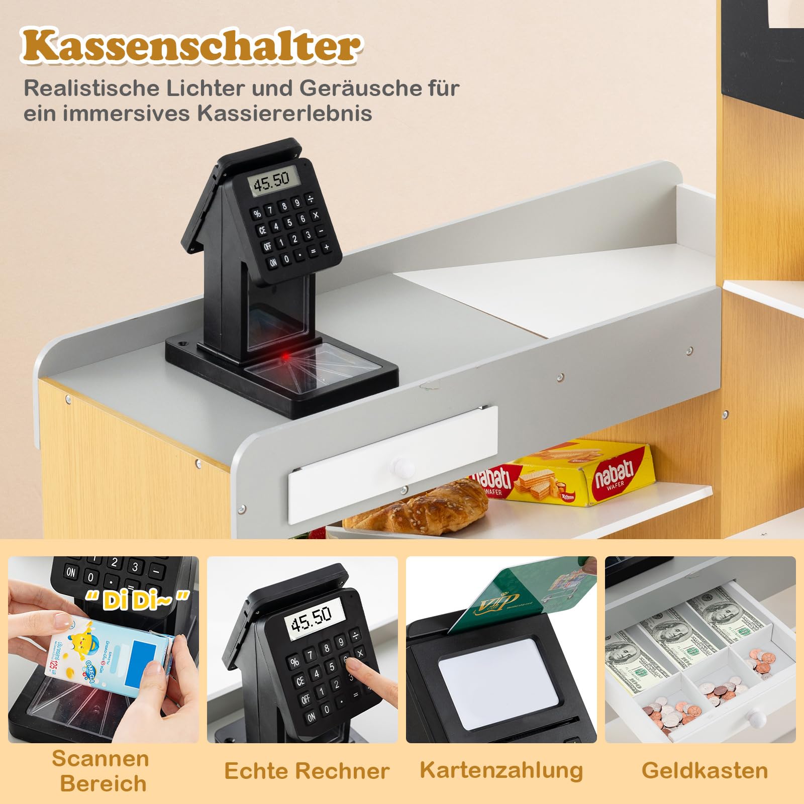 DREAMADE Kaufladen Kinder, Kaufmannsladen aus Holz mit Einkaufswagen, Kreidetafeln & Kasse, Verkaufsstand Supermarkt für Kinder ab 3 Jahren