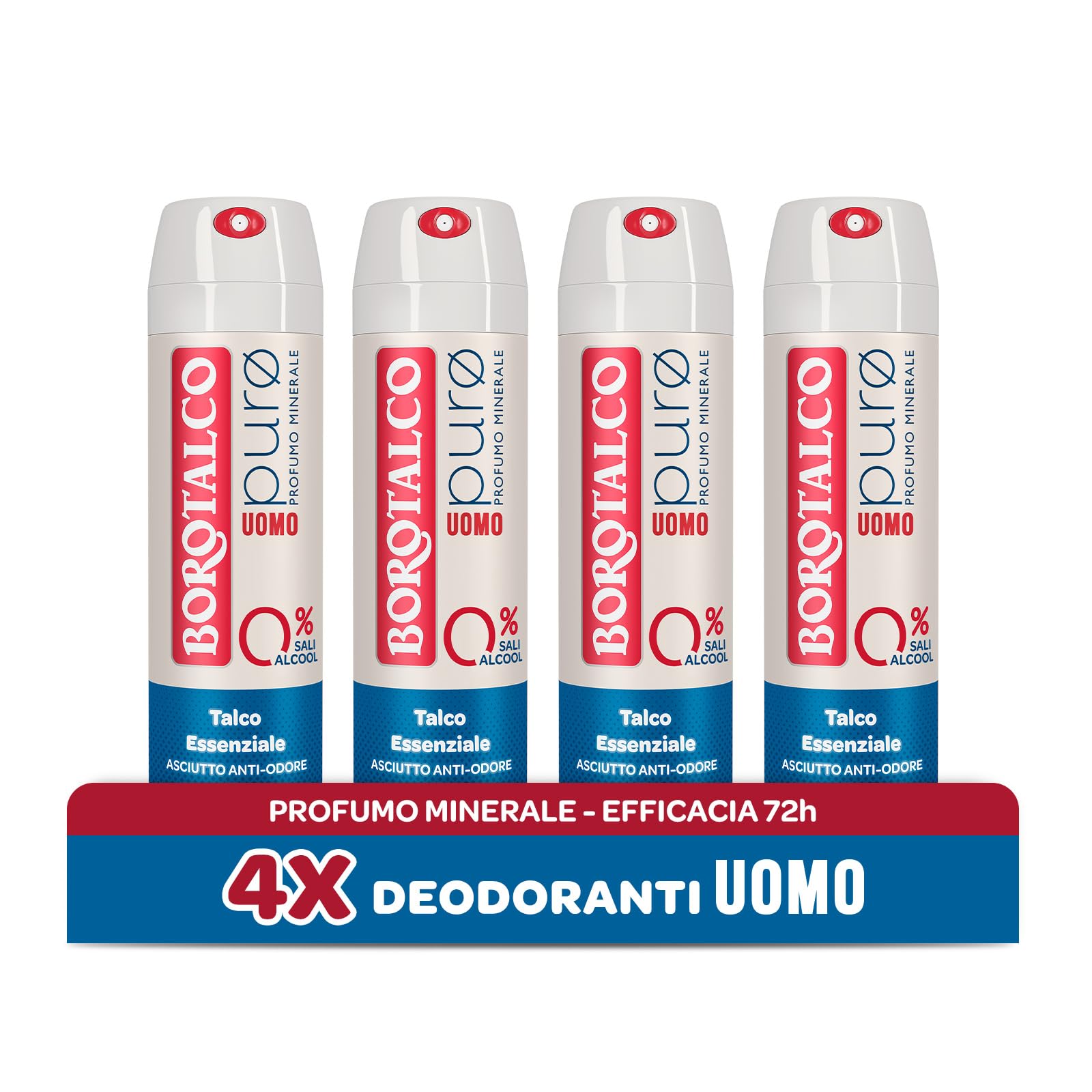 Borotalco Herren -Deodorant, Reines Spray, Mit Ätherischem Talkum, Formel Ohne Alkohol Und Aluminiumsalze, Trocken Gegen Gerüche, 72H Wirksamkeit, Mineralischer Duft – 4 Flaschen À 150 Ml