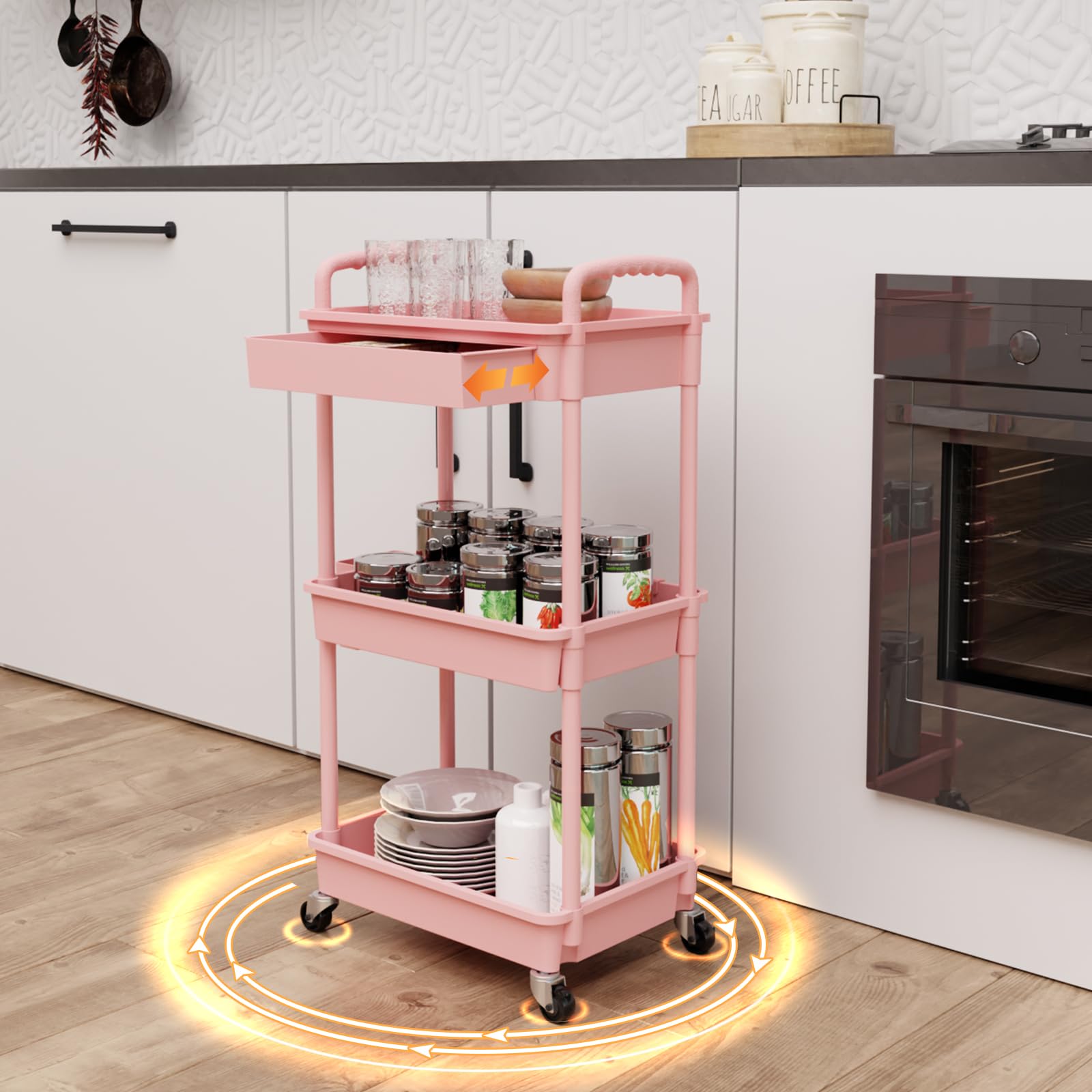 REBECAT Carrito utilitario rodante de 3 niveles con cajón, carrito de almacenamiento, carrito rodante para cocina, baño, sala de estar, organizador de almacenamiento con ruedas de hierro (rosa,