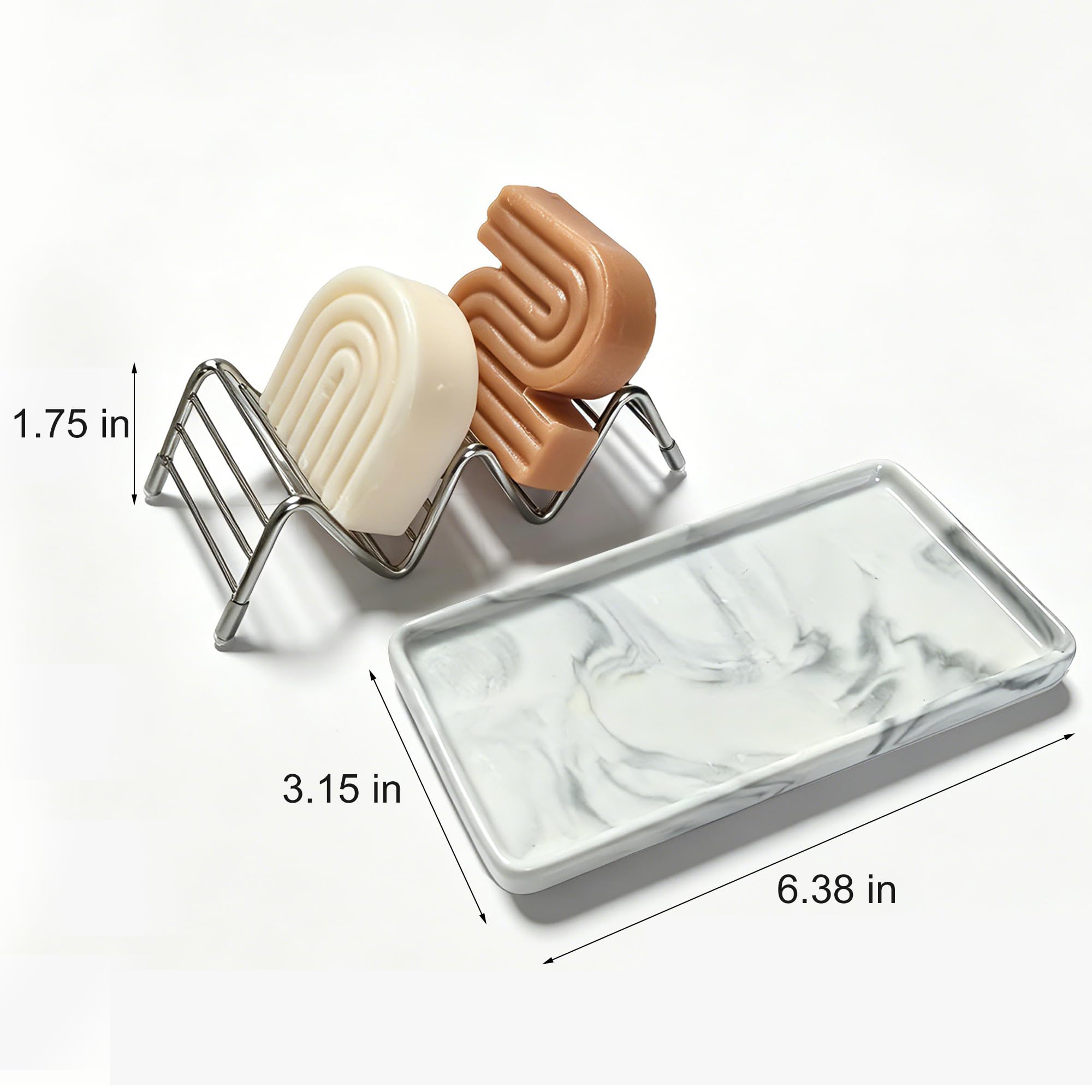 Jabonera, barra de ducha autodrenante de acero inoxidable con bandeja de cerámica, ahorrador de jabón estilo W para baño, fregadero, cocina y encimera (textura gris)