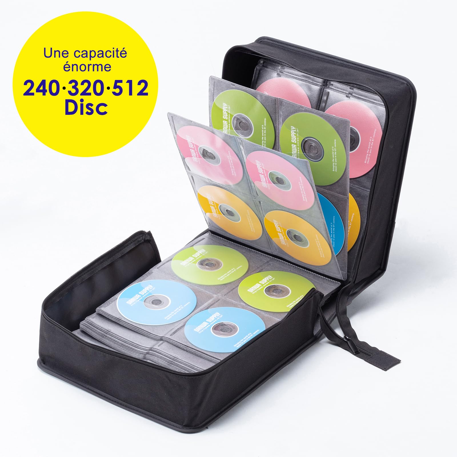 SANWA Pochette CD/DVD 512 Disques, Boîtier de Rangement Rigide avec Fermeture Éclair et Poignée, Étui Portable pour VCD, Blu-Ray, Films, Musique – Maison, Bureau, Voiture, Noir