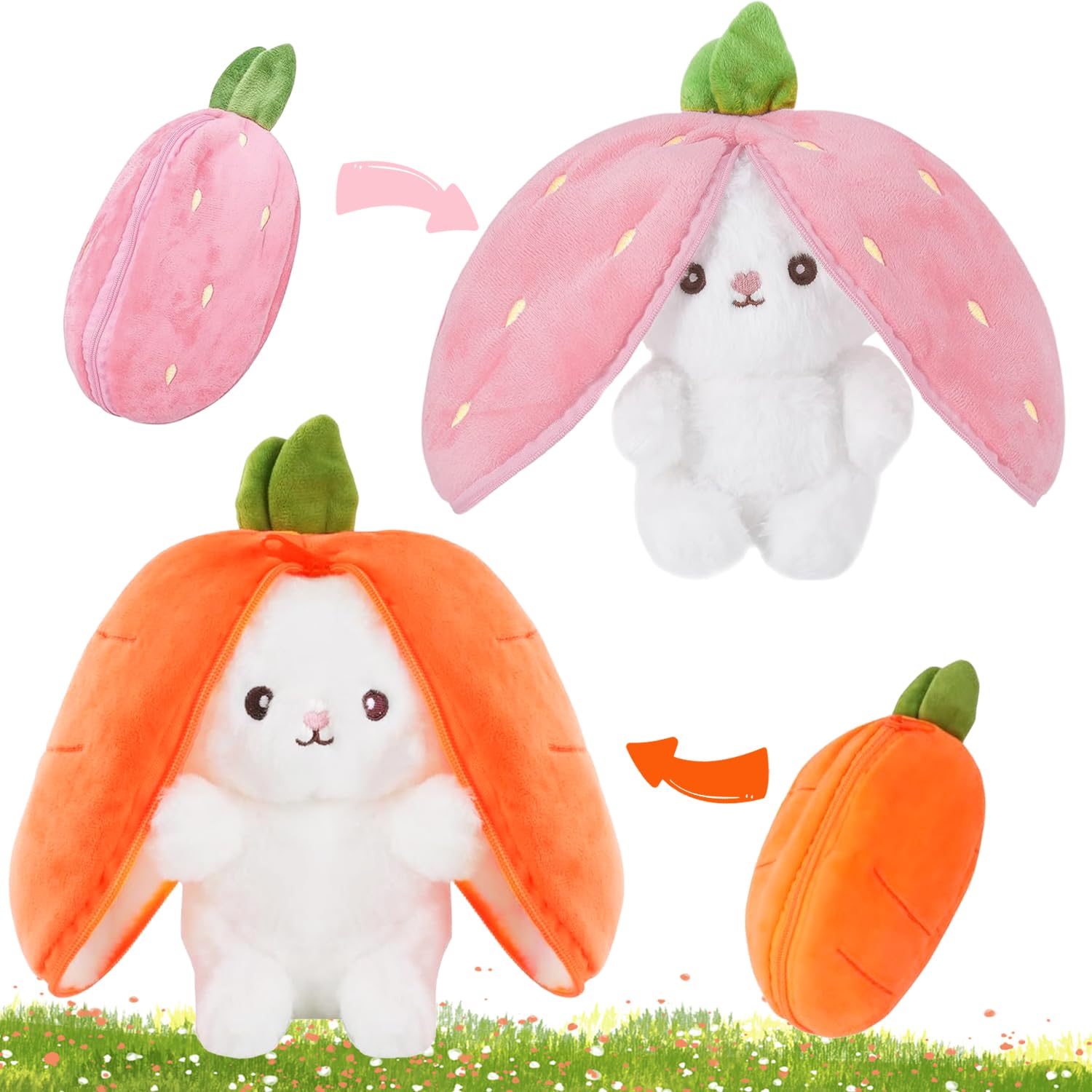 Osterhase Plüschtier Set (2 Stück) – Mit Karotte & Erdbeere, Weicher Plüsch, Kuscheliges Geschenk