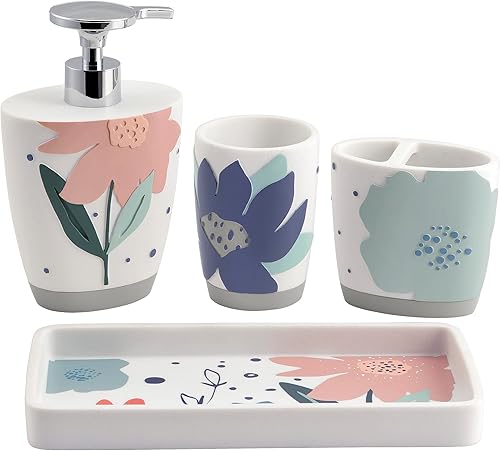 Allure Home Creation Summer Flower - Juego de accesorios de baño de resina de 4 piezas