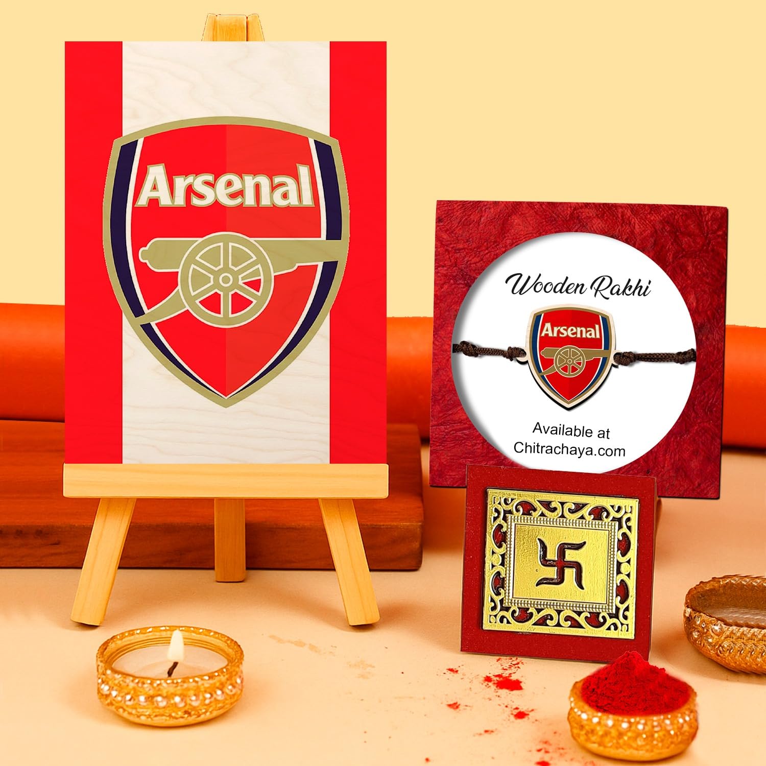 ChitraChaya Arsenal Rakhi for Bhai with Gifts - Rakhi for Brother Gift Combo - Arsenal Wood Print with Easel Stand Home Decoration Item-image-3