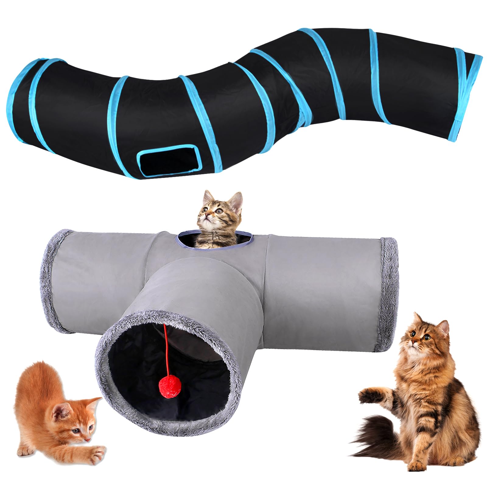 Tunel para Gatos,2 Piezas Túnel De Juguete para Gatos,3 Vías, En Forma De S,Juguetes Gatos con Túnel,Túneles para Gatos En Forma para Gatos,Conejos,Perros(Azul,Gris)