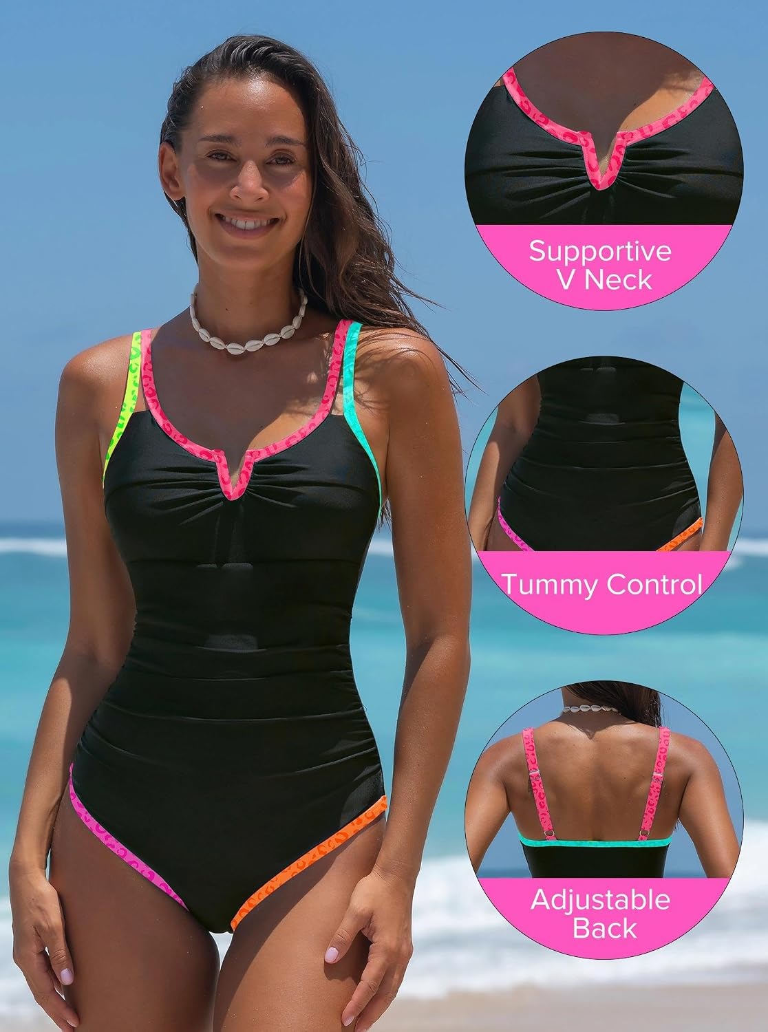 popvil One Piece Swimsuits Women 2026 Tummy Control - Modest Bathing Suit Shapewear Swimwear Retro Neon Swim Suit