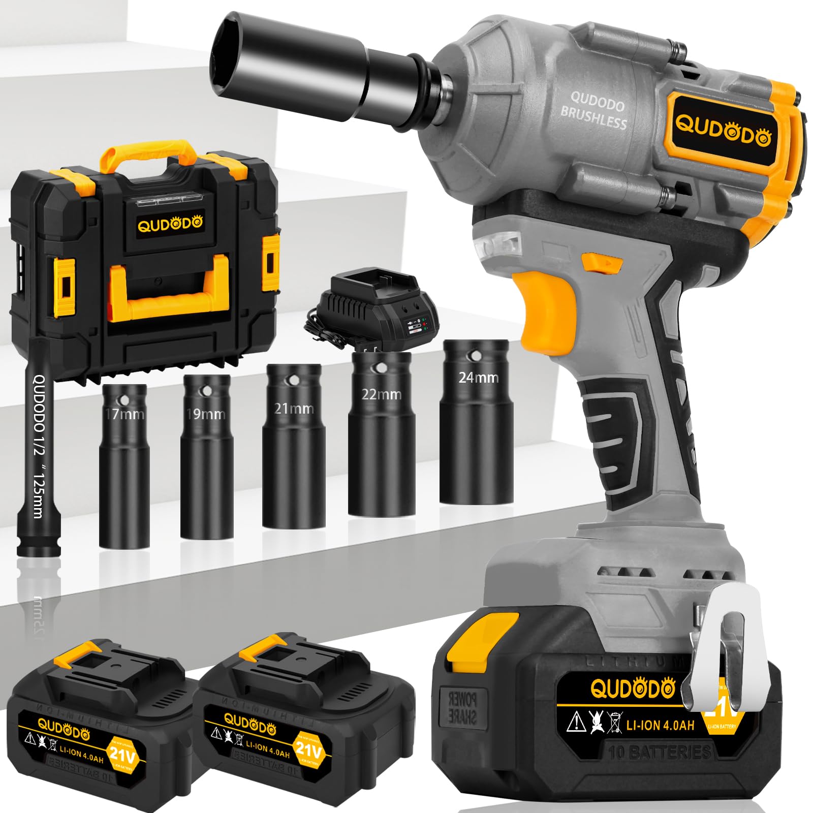 Qudodo 1000Nm Cordless Impact Wrench, 1/2" 21V Brushless Impact Gun with 2x4.0Ah Batteries, Power High Torque Impact Driver Electric Pistolas llave De Impacto Variable Speeds for Car/Truck/Mower