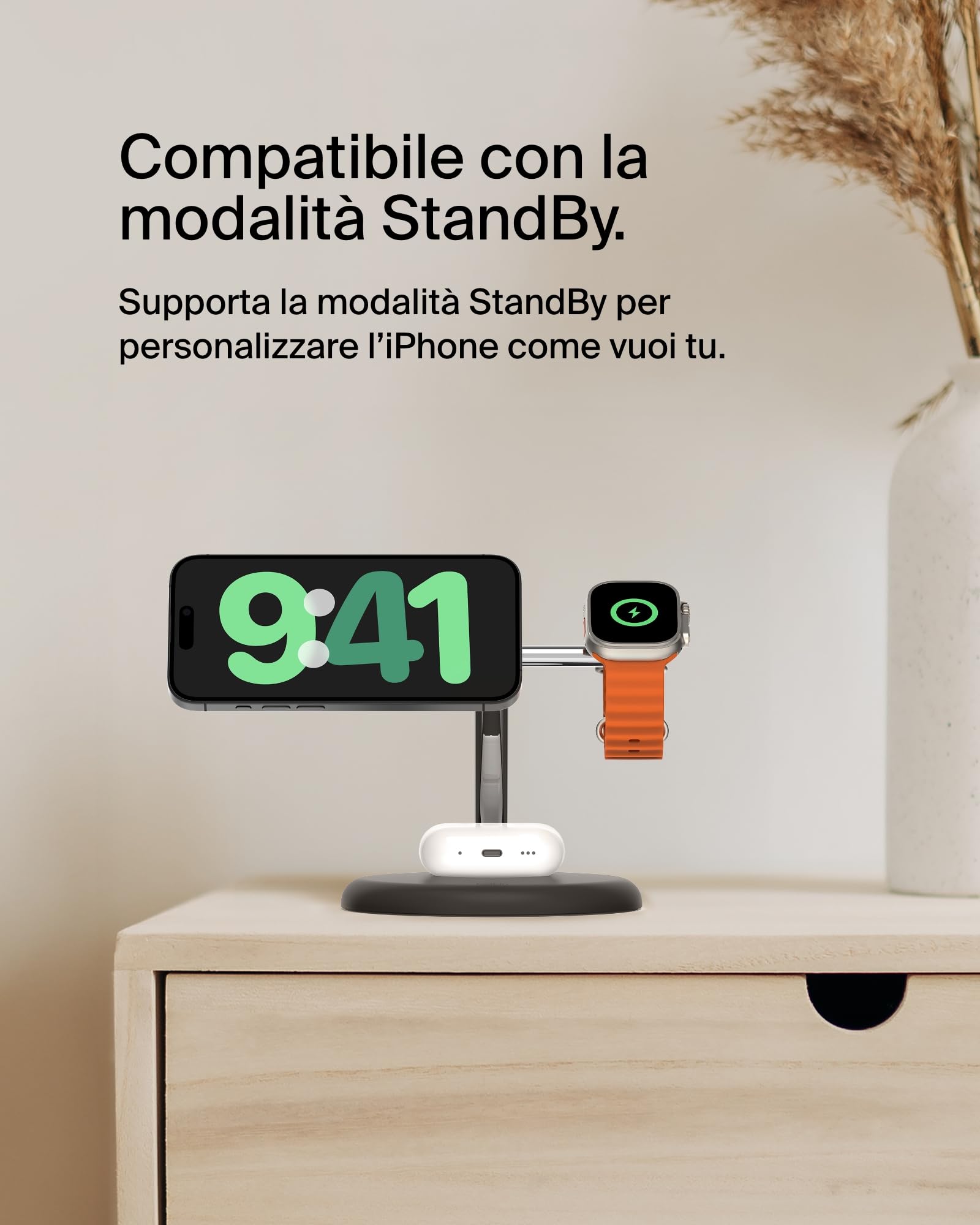 Belkin Supporto di Ricarica Wireless Magnetica 3 in 1 con Qi2 15W, Compatibile con MagSafe, Caricatore rapido per iPhone 17, Air, Pixelsnap, AirPods, Apple Watch e altri (alimentatore incluso) - Nero