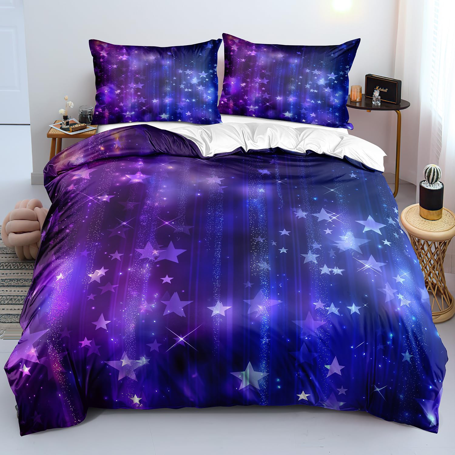 Housse de couette galaxie 240x220 bleu violet parure lit microfibre ado fille garçon