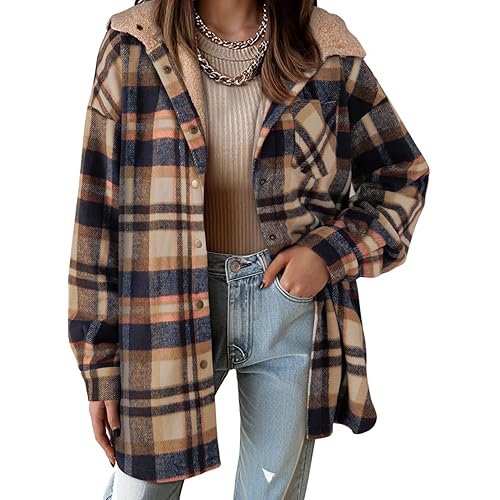 Dokotoo Women's Flannel Hooded Plaid 2024 Shacket Thick Coat Winter Coat for Warmth Button down Warm and Fuzzy Fleece Jacket