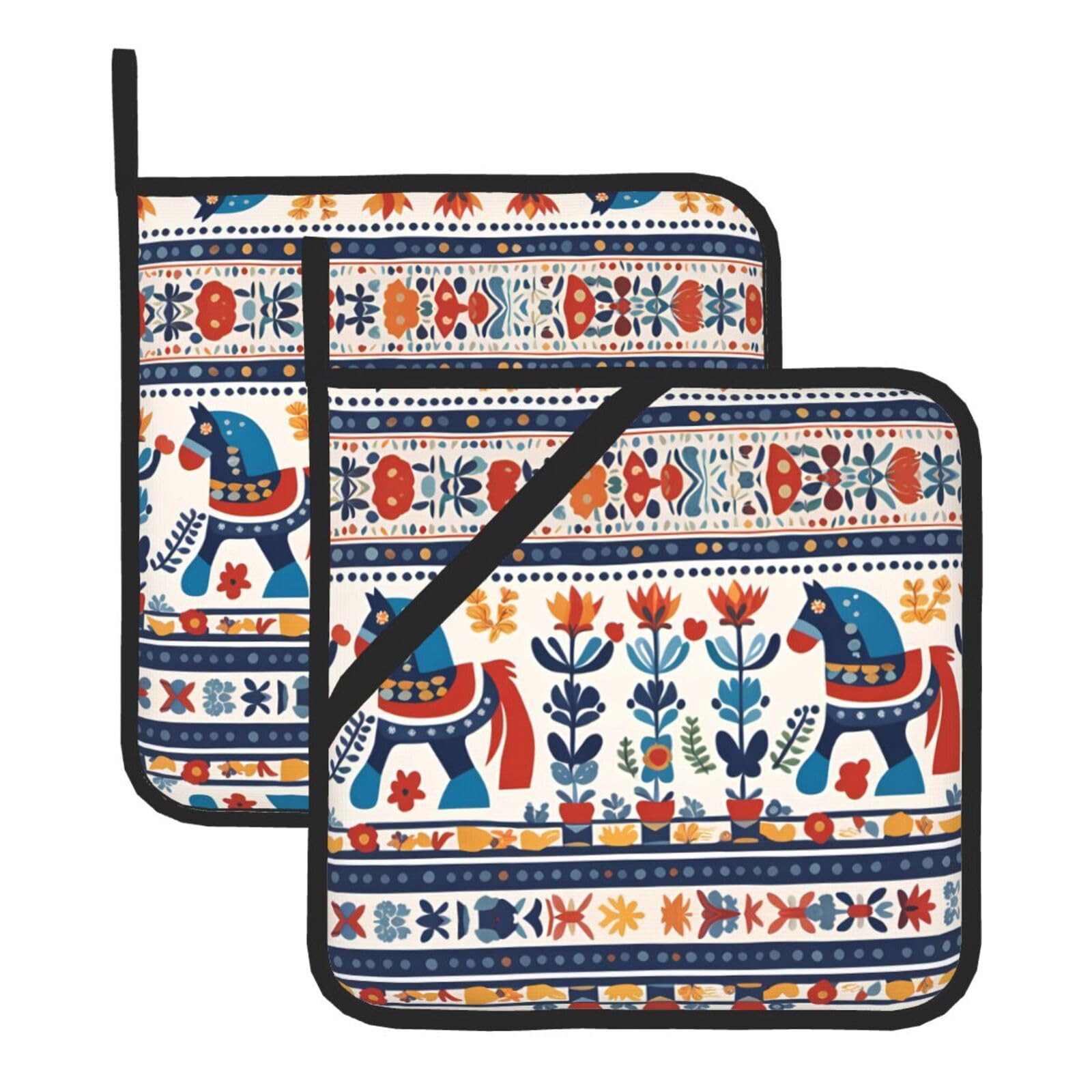 YYHWHJDE Swedish Dala Horse Folk Prints Square Hot Pads for Kitchen Counter - Waterproof Pot Holders with Hanging Loop, Durable Trivets for Microwave Oven - 2 Pack