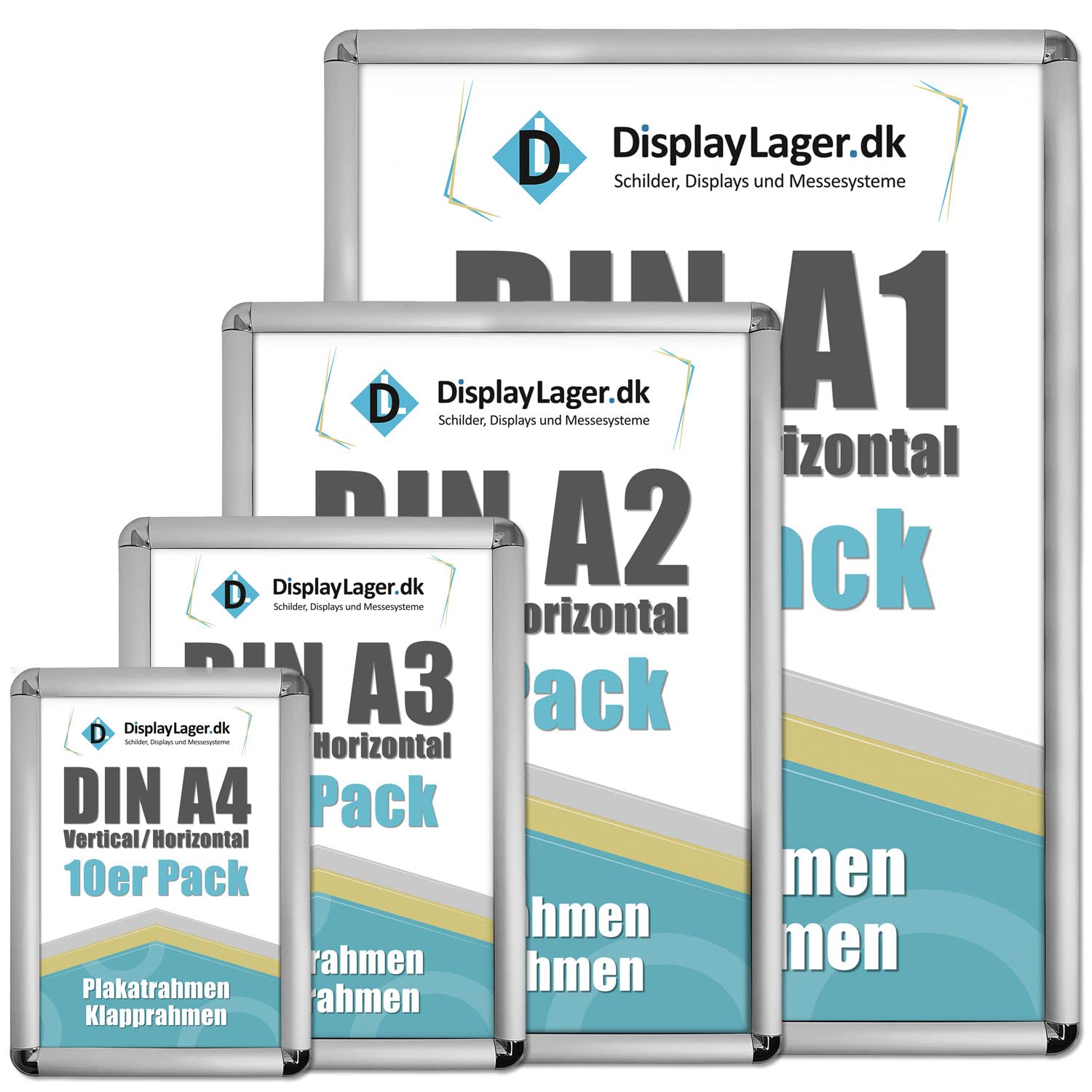 DisplayLager, Calidad danesa – Paquete ahorro de 5 unidades, color plateado, DIN A1 Rondo, marco plegable con perfil de aluminio de 25 mm, cristal protector antirreflectante, material de fijación