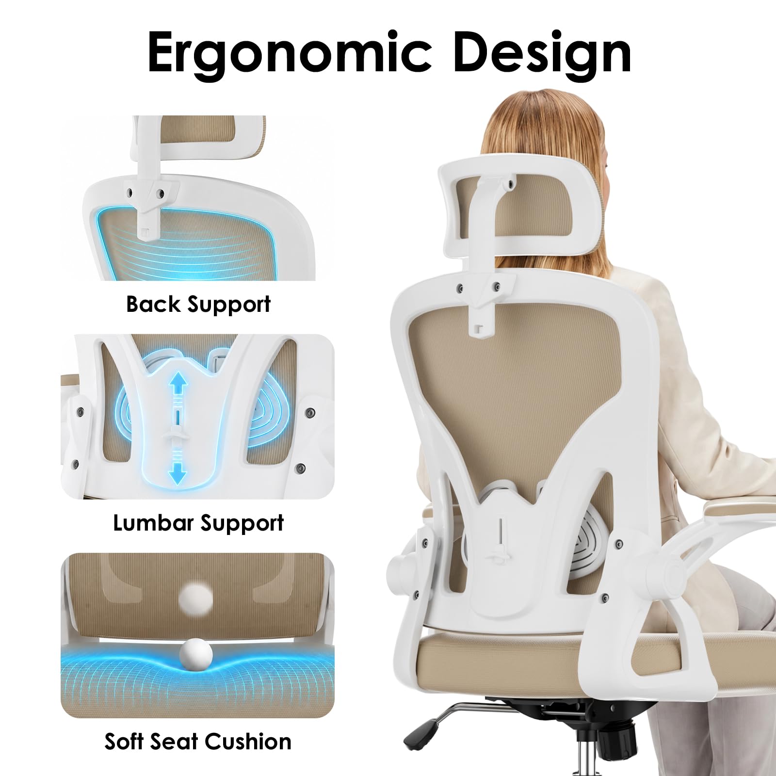 Farini Silla de Oficina ergonómica, Silla de Escritorio de Oficina en casa con reposacabezas, Silla de computadora de Respaldo Alto con reposabrazos y Soporte Lumbar Ajustable para Oficina en casa