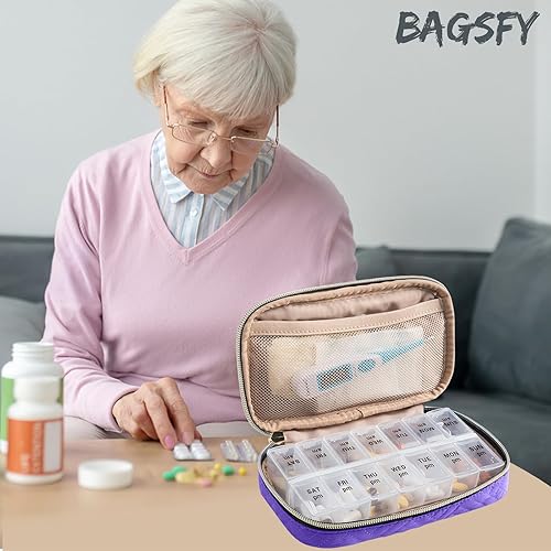 Miniatura 6 de BAGSFY Estuche organizador de píldoras 2 veces al día, organizador semanal de medicina, pastillero de viaje con contenedor extraíble de siete días