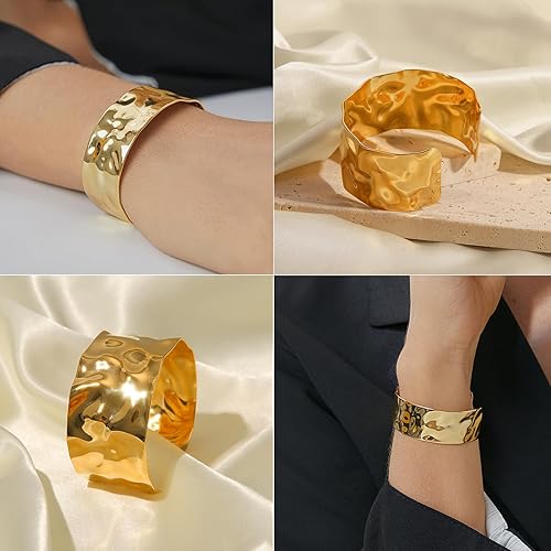 Miniatura 6 de WOWORAMA Brazalete grueso martillado para mujer, estilo vintage, bohemio, ancho, pulsera irregular, brazalete grueso, brazalete dorado y plateado