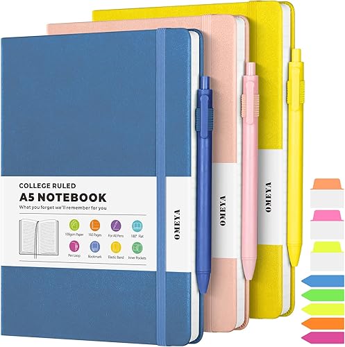 Miniatura 7 de Cuaderno rayado, paquete de 3 cuadernos A5 con rayas universitarias para el trabajo, cuadernos de tapa dura cada uno con 2 bolsillos y bolígrafo,