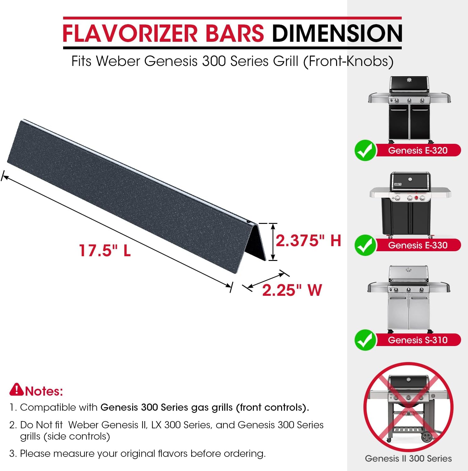 Unicook 7620 Flavorizer Bars for Weber Genesis 300 Series, E-310 E-330 Grills with Front Control(2011-2016), 17.5 Inch Porcelain Steel Flavor Bars, Grill Burner Cover Replacement Parts