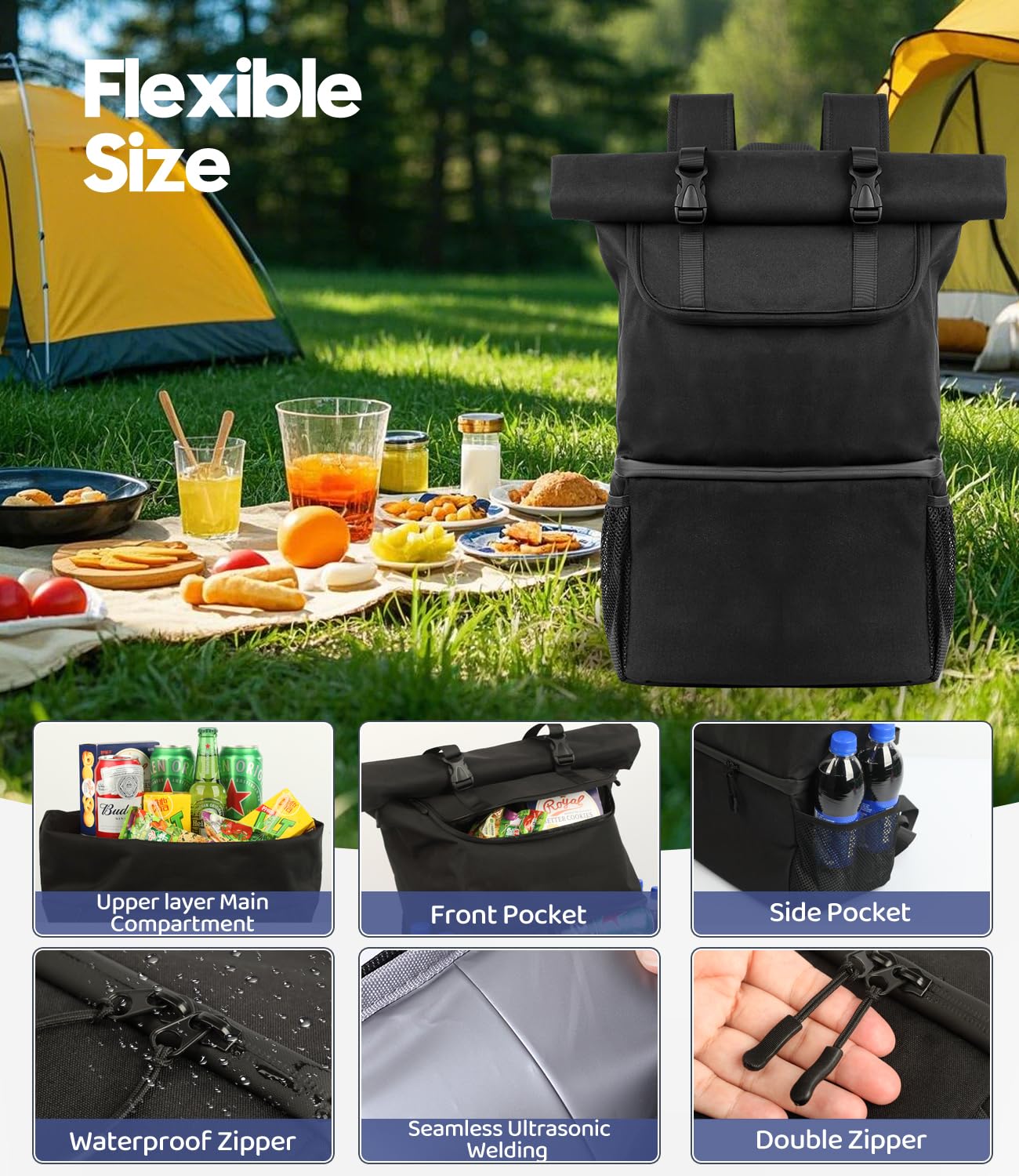 DEWUR Zaino termico da 35 l, grande, 2 in 1, borsa termica a doppio strato, impermeabile, per picnic, spiaggia, barbecue, campeggio, viaggi, famiglia