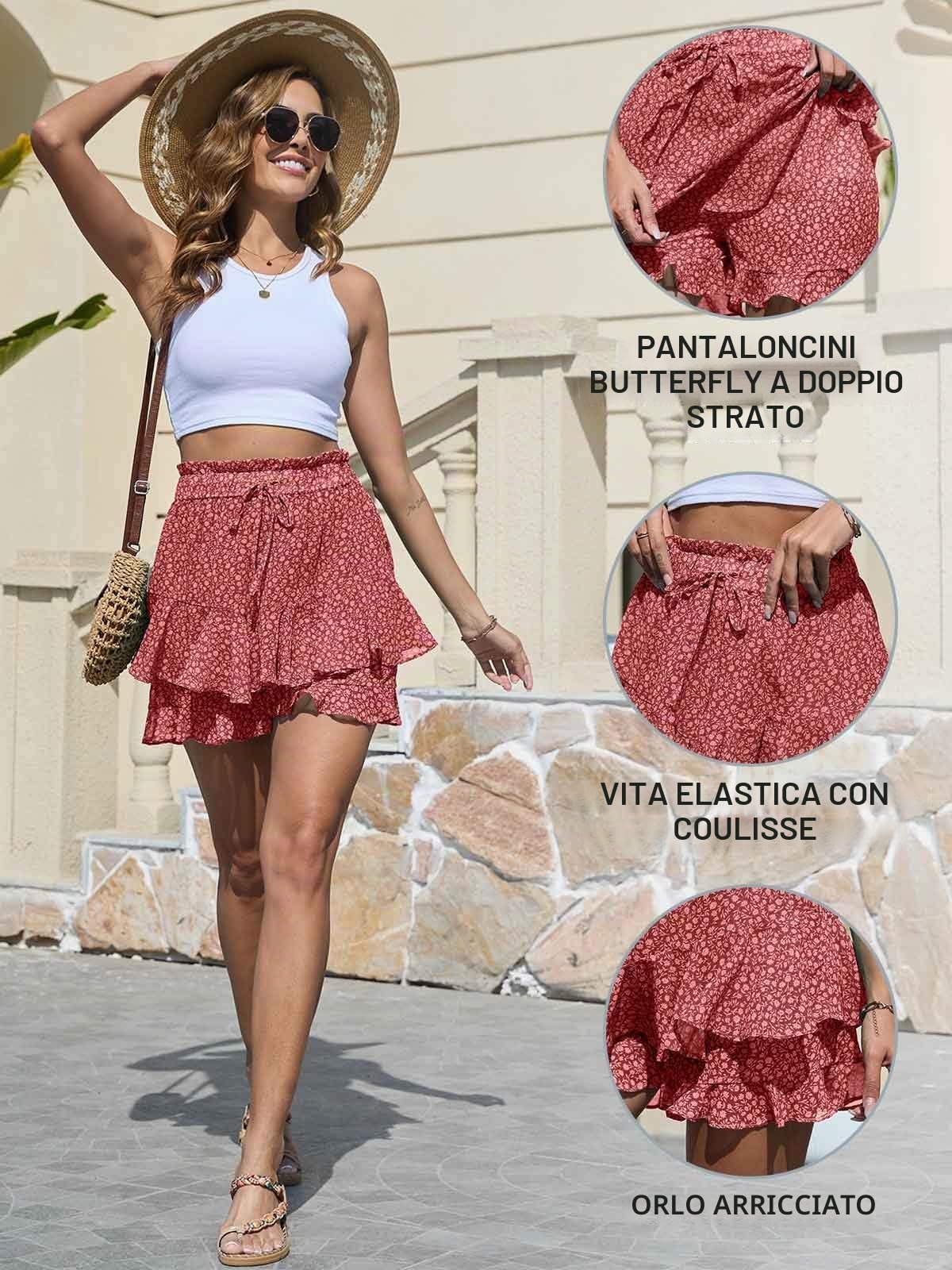 Yutdeng Pantaloncini Donna Eleganti Corti Estivi da Donna con Stampa Floreale Moda Shorts Pantaloncini Casual Leggeri Boho Gonna Elastico in Vita Gamba Larga con Orlo a Volant
