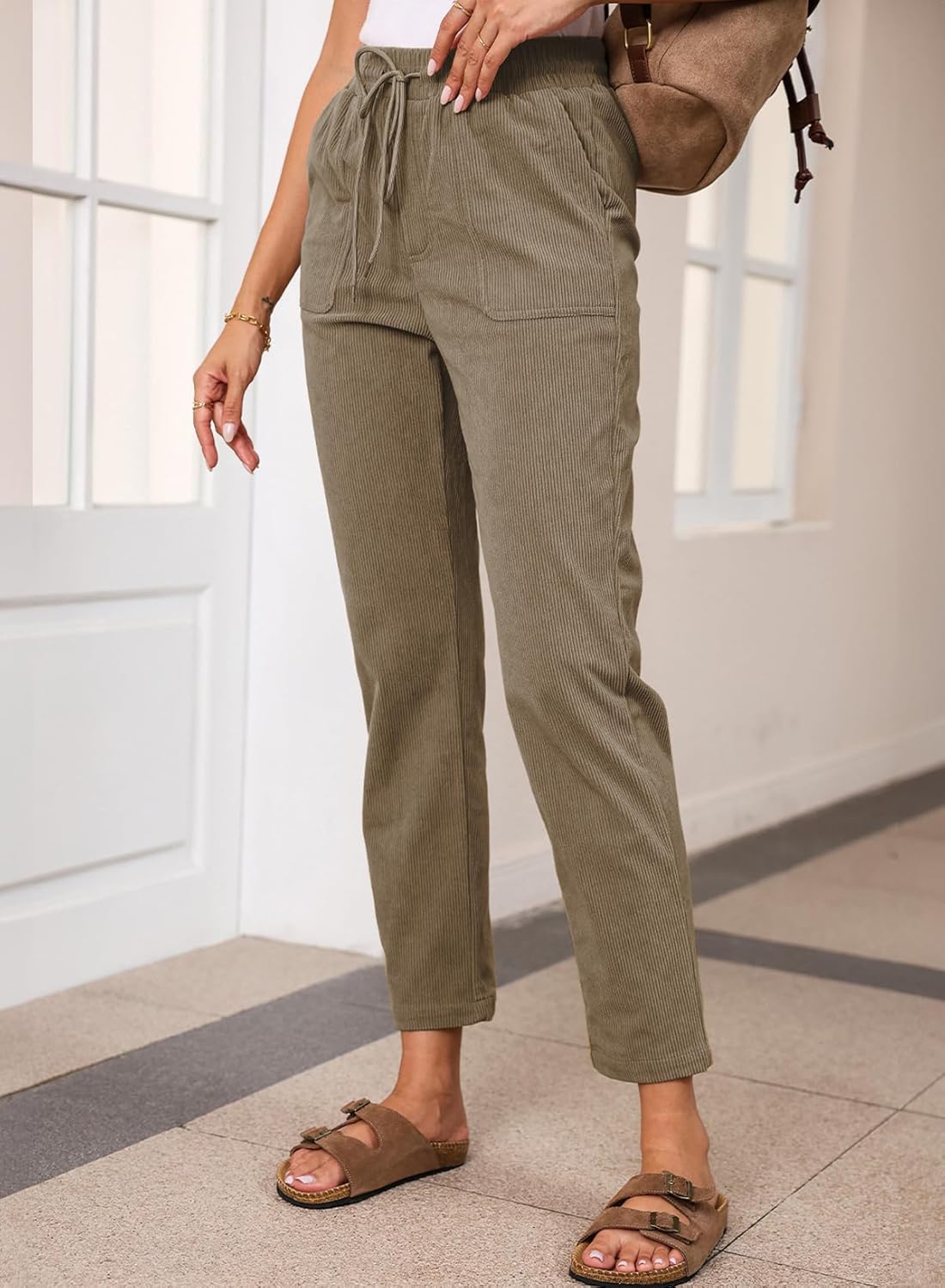 EVALESS Corduroy Pants for Women Casual Drawstring Elastic High Waist Straight Leg Pants Loose Comfy Trousers with Pockets - Image 3