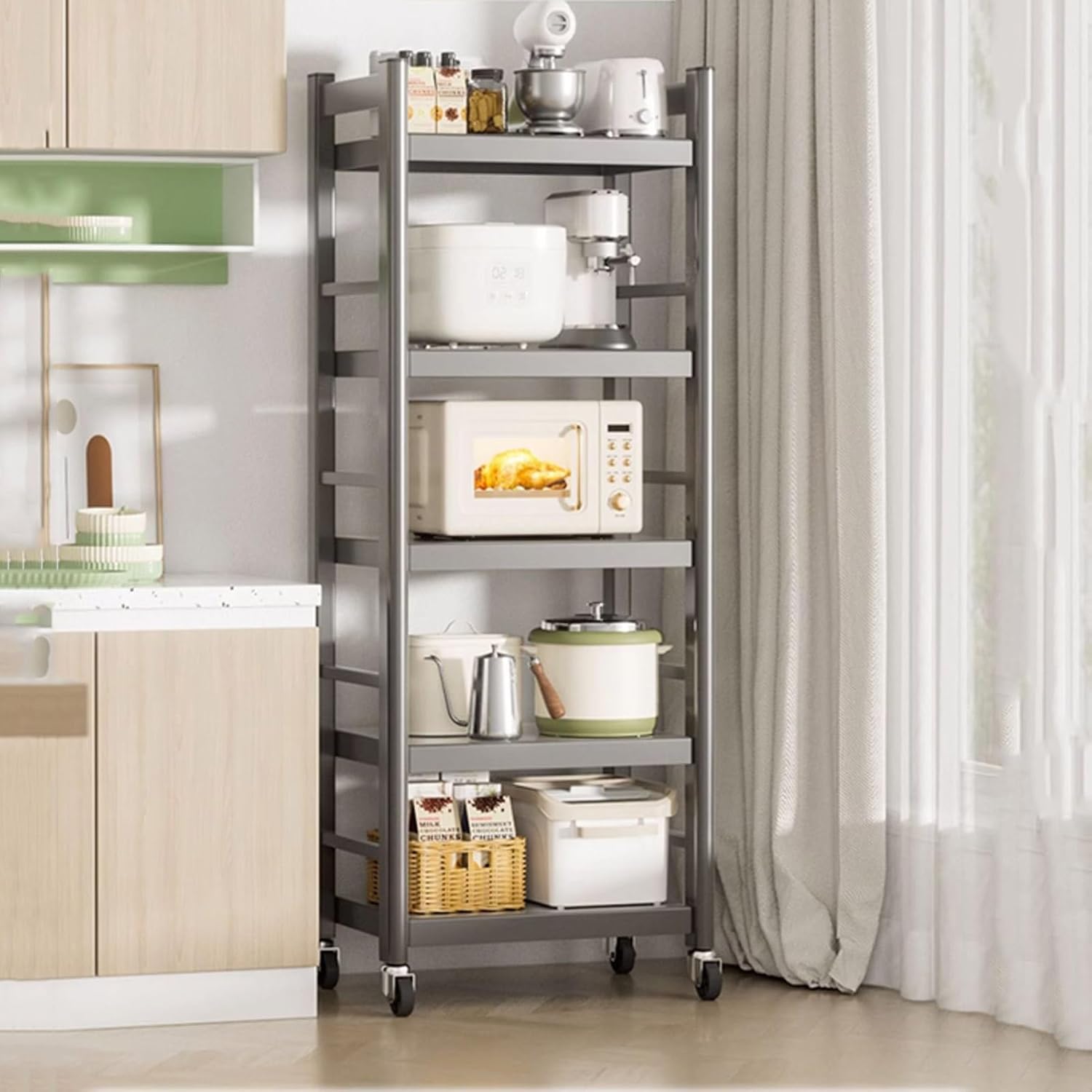 Microwave Stand with 4 Rolling Casters - Adjustable Kitchen Storage Rack, Freestanding Metal Shelf for Dishes, Spices, Pots & Pans - Space-Saving Baker's Rack