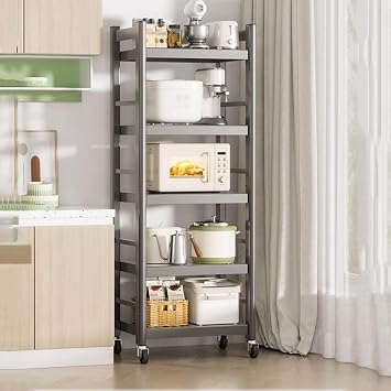 Adjustable Freestanding Microwave Oven Rack with 4 Rolling Casters Metal Kitchen Storage Shelf for Dishes Pots and Pans - Space-Saving 30x41x156cm