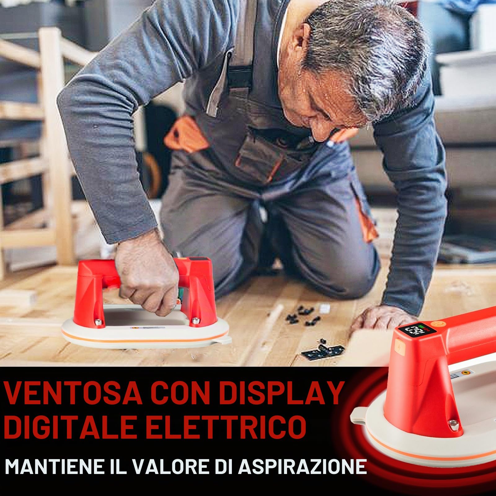 2 pezzi Ventosa Elettrica 160KG con Display LCD,Batteria Ricaricabile 1300mAh,Fino a 7 Ore di Autonomia, in Silicone,per Piastrelle, Vetro, Marmo-Sollevatore a Vuoto per Superfici Lisce