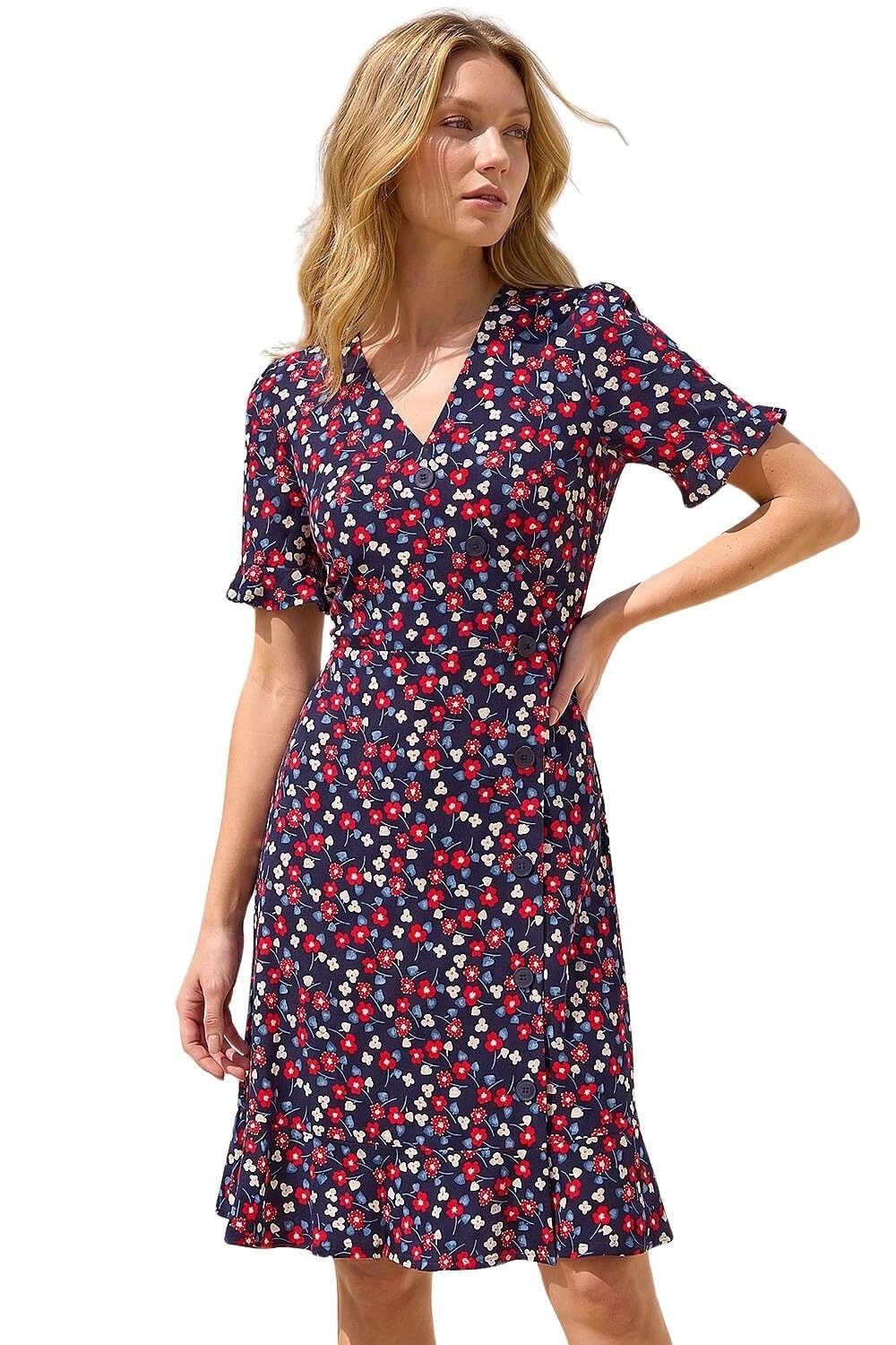Roman Women's Floral Side Button Dress in Navy | Size: 20