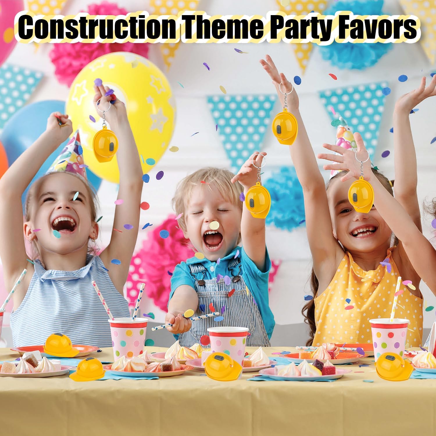 18Pcs Miniature Construction Helmet, Construction Party Favors Small Safety Hat Keychain for Kids, Mini Flashlight Helmet Keychain for Construction Birthday Party Favors Decorations