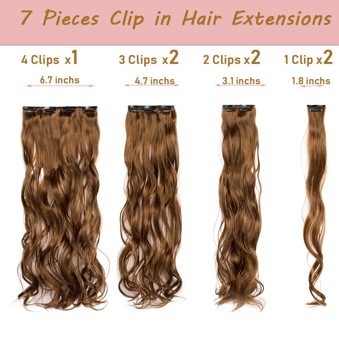 Swy Hair Clip in Hair Extensions Body Wave 22 inches 7Pcs 150g Straight Hair Synthetic Hair Extensions (W-Light Brown, Wavy) - Image 3