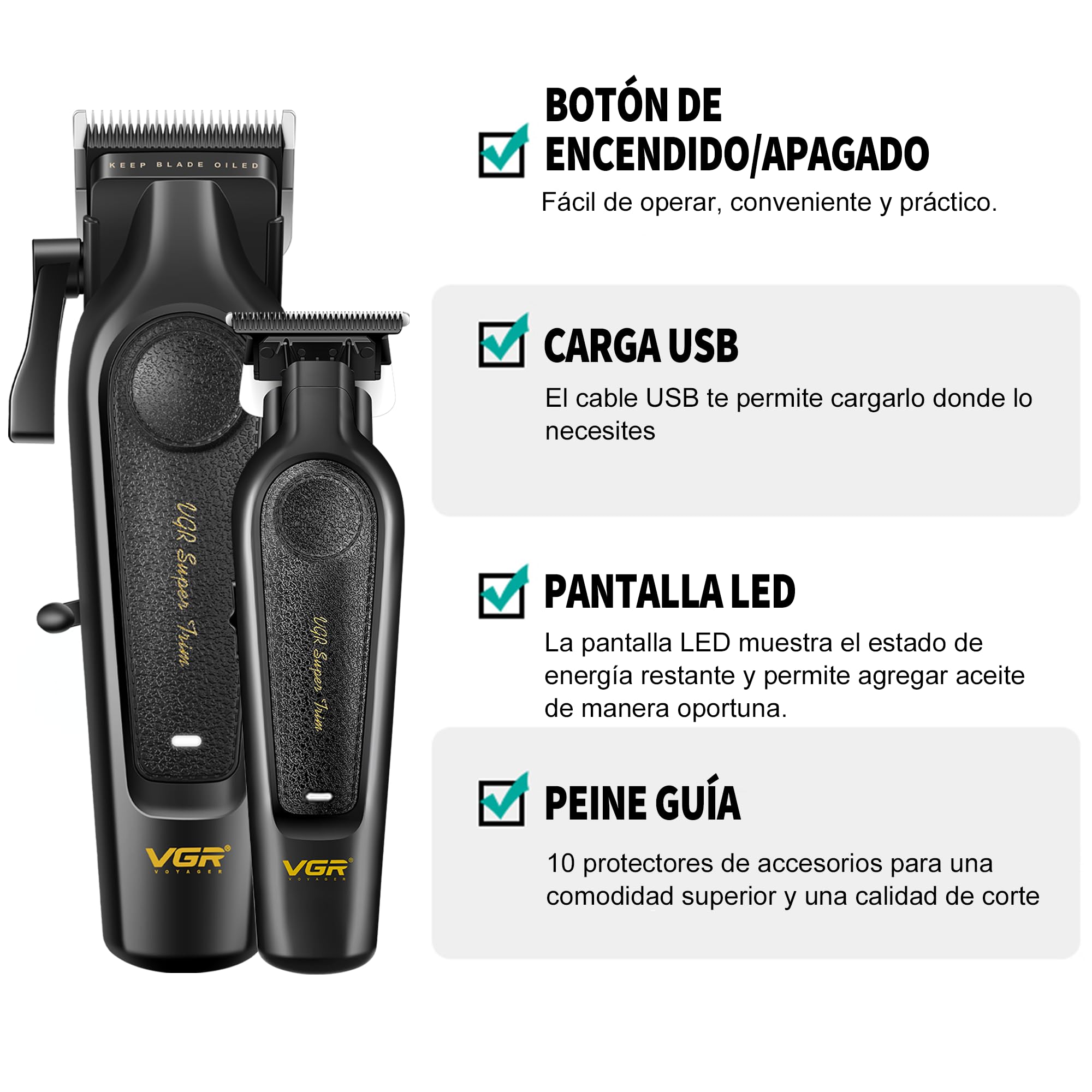 VGR 197 & 995 Juego de Maquina de Cortar Pelo Hombre, Indicadores LED | Inalámbrica Maquina Cortar Pelo Profesional Set con Cuchillas de Cerámica, Cortapelos Set con 10 Peines Para Cabello