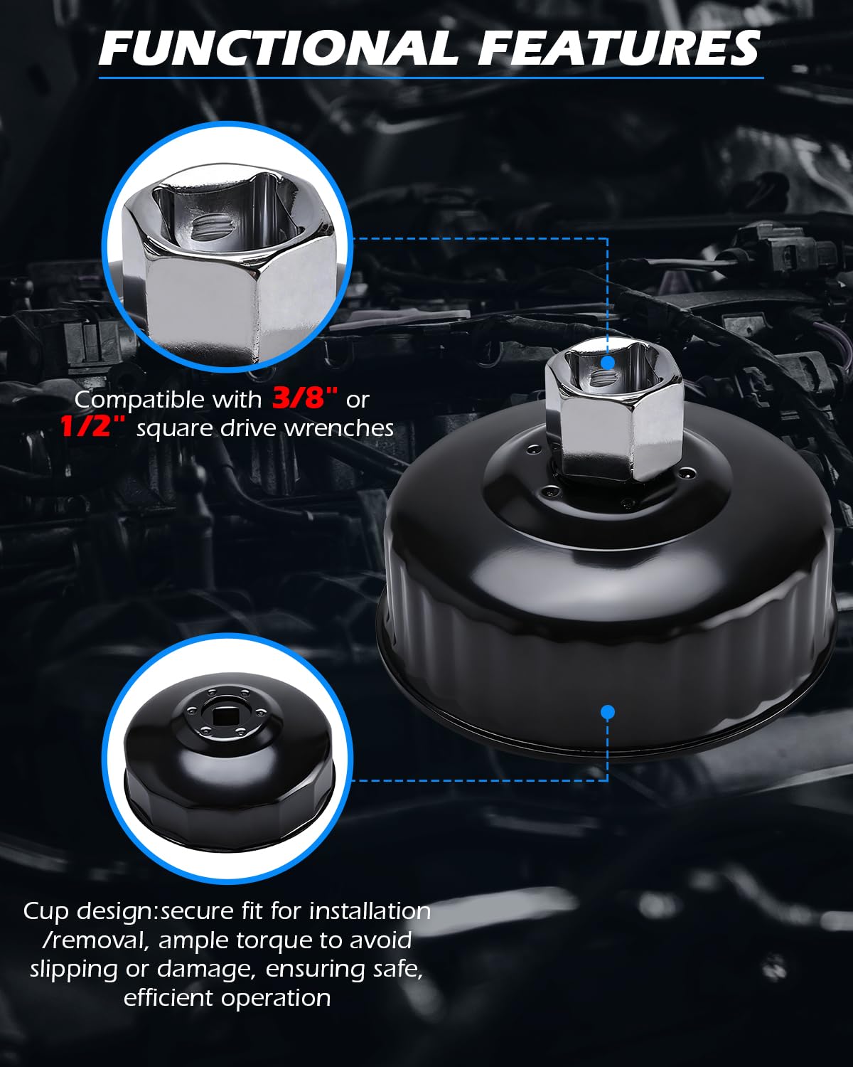 FreeTec Lot de 15 clés pour filtre à huile - Capuchons universels (65-100 mm) en tôle d'acier avec adaptateurs 3/8" et 1/2" - Outil de filtre à huile pour vidange d'huile de voiture