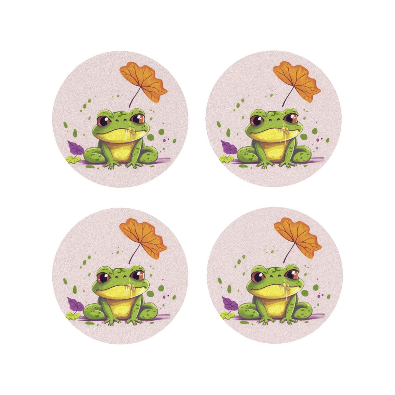 4pcs Drink Coasters for Tabletop Protection, 4" Leather Coasters for Drinks, Leaves and Frog Cup Coasters for Coffee Table Decor, Non-Slip Drinking Cup Mat for Hot Or Cold Drink