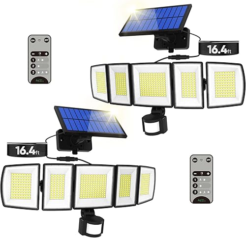 Luces solares de movimiento para exteriores, con cable de 16.4 pies, 3000 lm luces LED de seguridad ultra brillantes para exteriores del atardecer