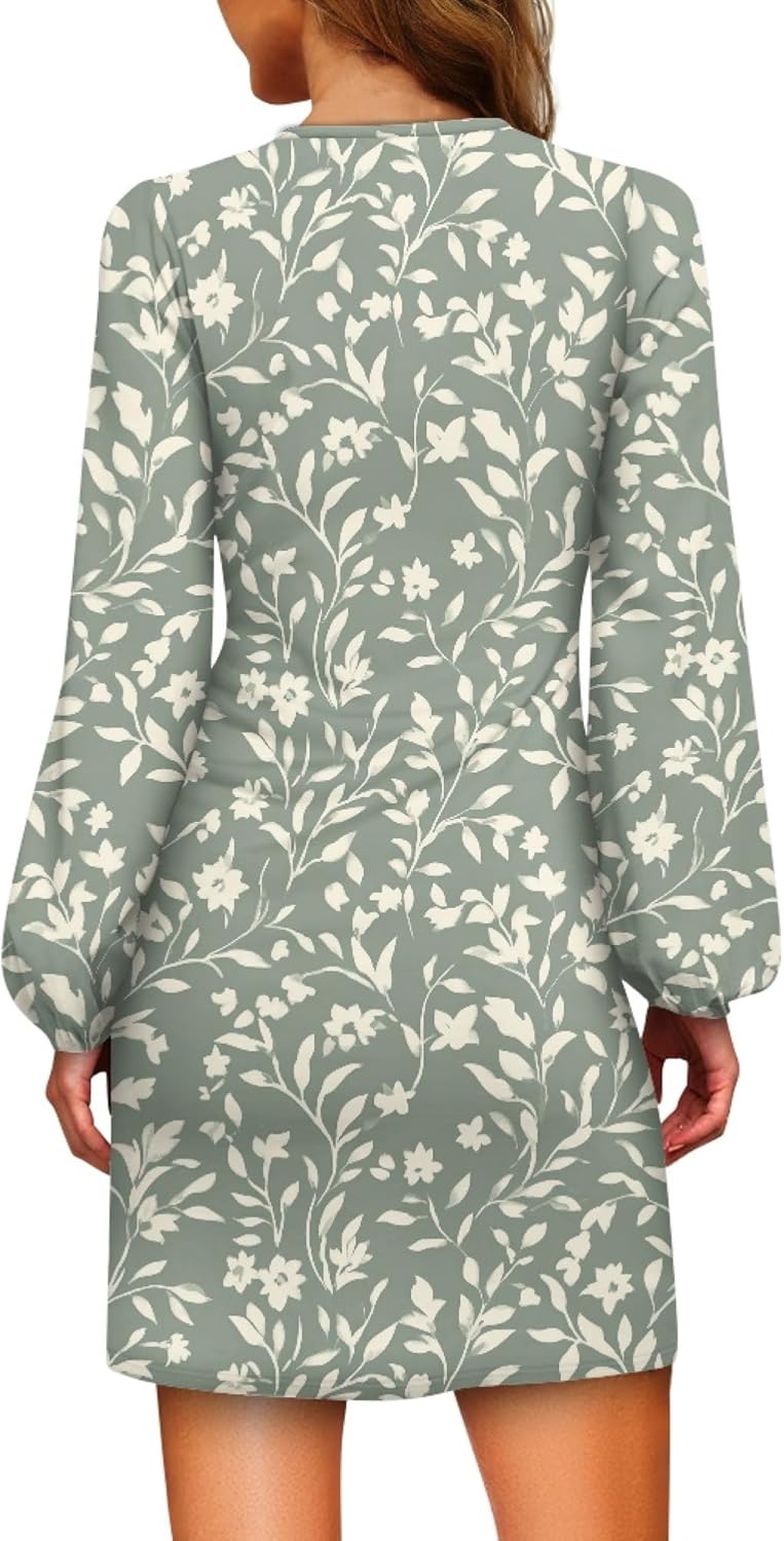 Lantern Long Sleeve Tie Waist Floral Boho Casual Dress A Line 2025 Summer Fashion Swing Flowy Mini Dresses - Image 2