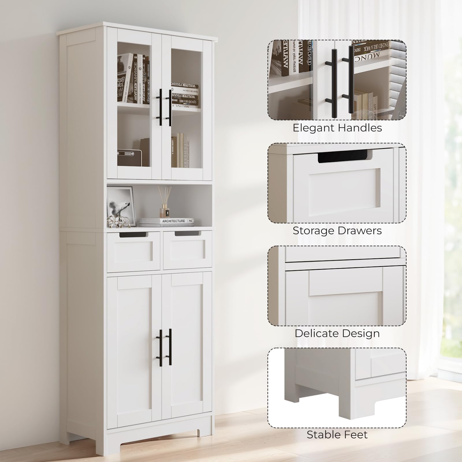 LEADZM Meuble Cuisine Rangement，Buffet Cuisine avec 4 Portes et 2 Tiroirs | Meuble de Rangement Cuisine，Grande Capacité pour Salon，Chambre ou Bureau - 60 x 30 x 170 cm (4 Portes)
