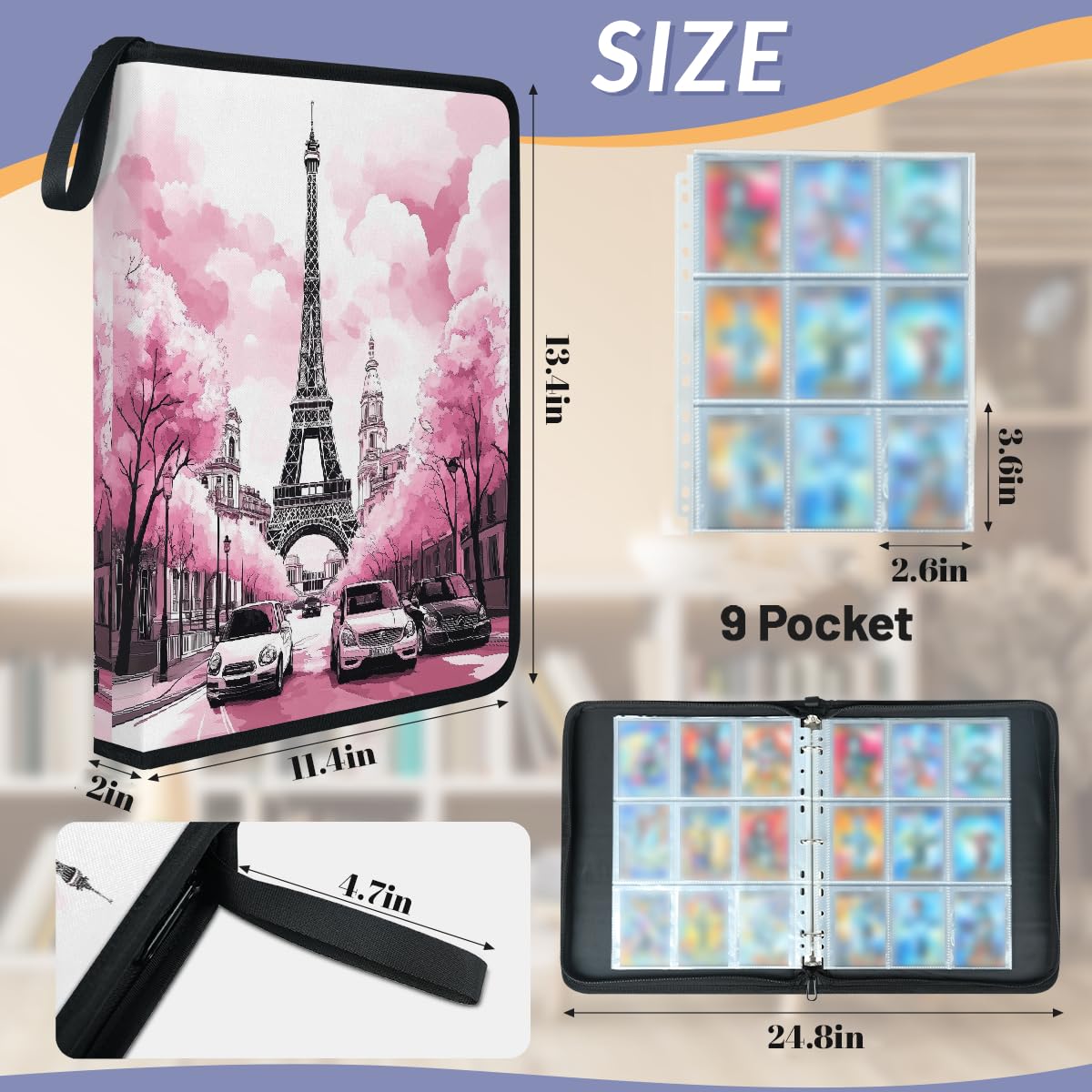 Mexpekil Classeur de cartes à collectionner avec fermeture éclair et 50 pages à ouverture latérale pour 900 cartes Motif Tour Eiffel Rose