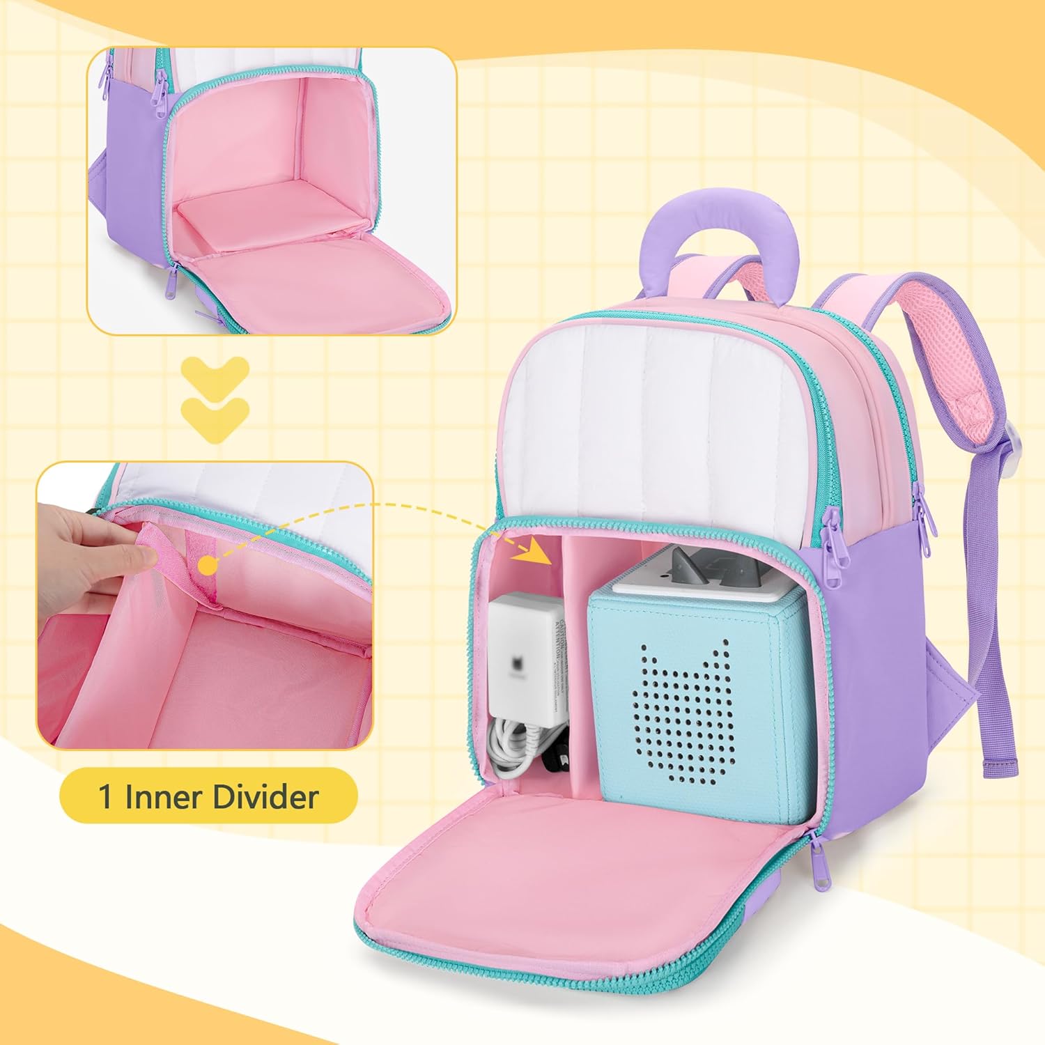 LoDrid Travel Backpack Compatible with Tonie Box 2/1, Storage Bag with Multiple Pockets for Audio Player Starter Set, Characters, Charger, Headphones and Accessories, Pink, Bag Only (Patented Design)