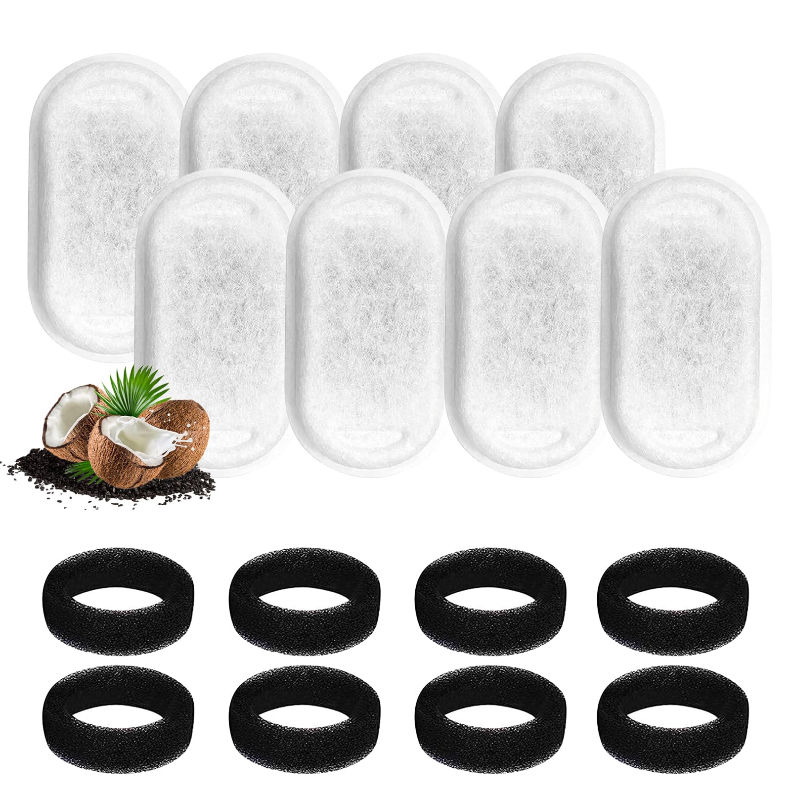 MXTIMWAN 16 Piezas Filtros de Fuente para Gatos, 8 Filtros de Carbón y 8 Esponjas de Espuma para 3,2 L Fuentes de Acero Inoxidable, Filtros Fuente con Carbón Activo