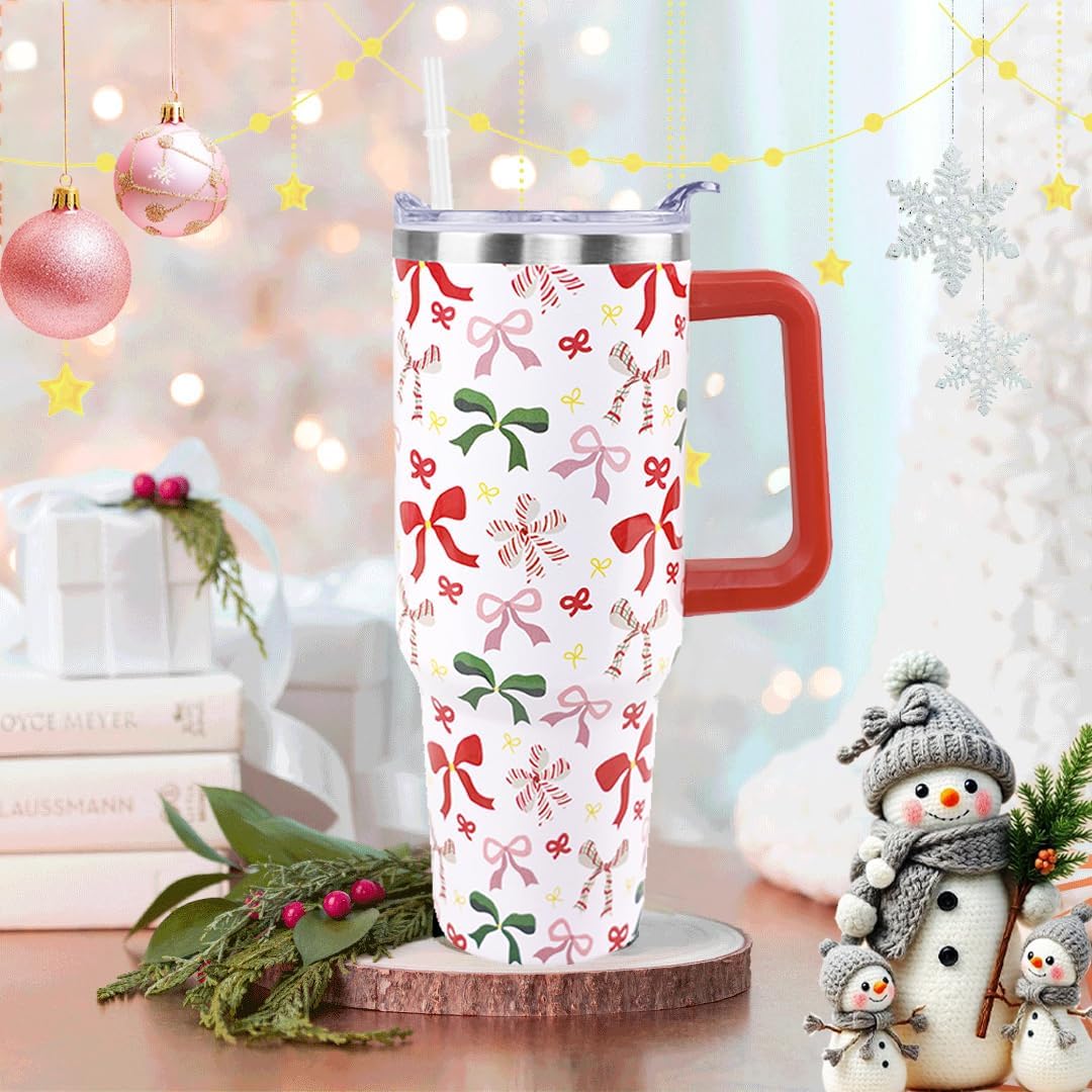 Christmas Tumbler, Cute Xmas Bow Tumbler with Handle and Straw, 40 oz Stainless Steel Insulated Water Bottle Christmas Birthday Winter Gifts for Women - Image 2
