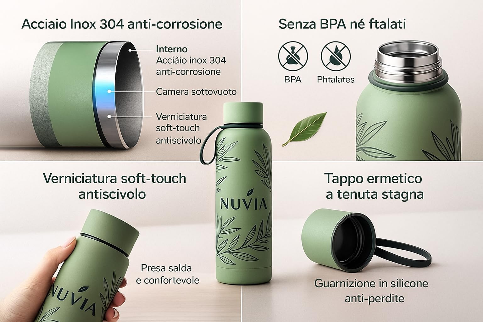 Borraccia Termica Lifestyle - Mantiene Caldo e Freddo - Senza Odore - Zero perdite - 500ml - Con Sacca in Tessuto fatta a mano - Design Italiano Nuvia