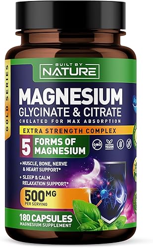 Complejo de magnesio de 500 mg  5 formas de glicinato de magnesio, citrato, malato, óxido y aquamina con 72 minerales traza  Quelatado para