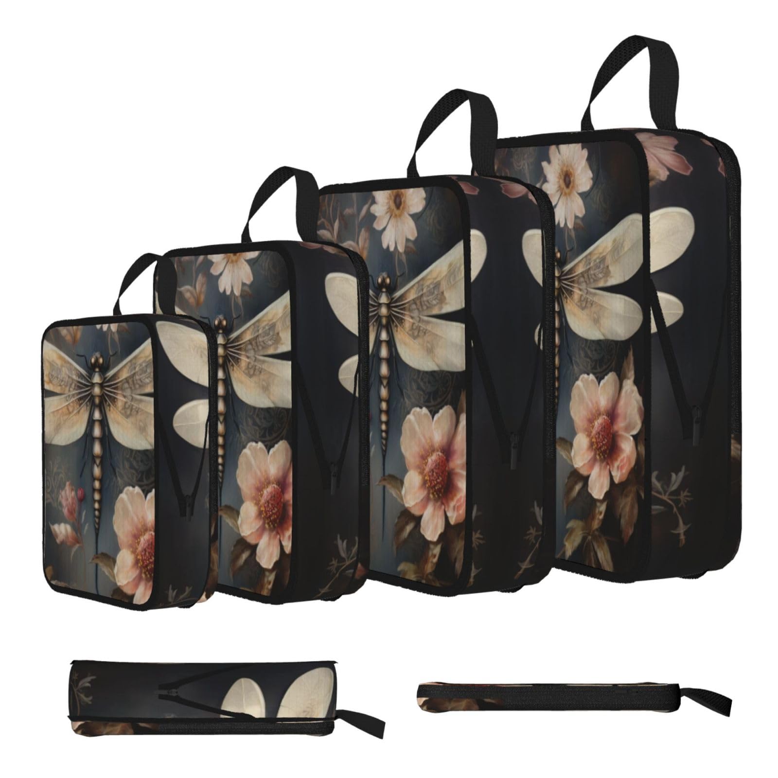 Sxzvvbn Black Dragonfly On Peony Compression Packing Cubes 4 Piece Set