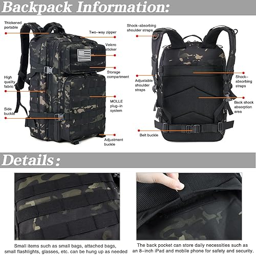 Miniatura 10 de LIMHOO Mochilas tácticas militares de 45L para hombres y mujeres, bolsa Molle de 3 días, mochila de senderismo con parche de bandera de Estados