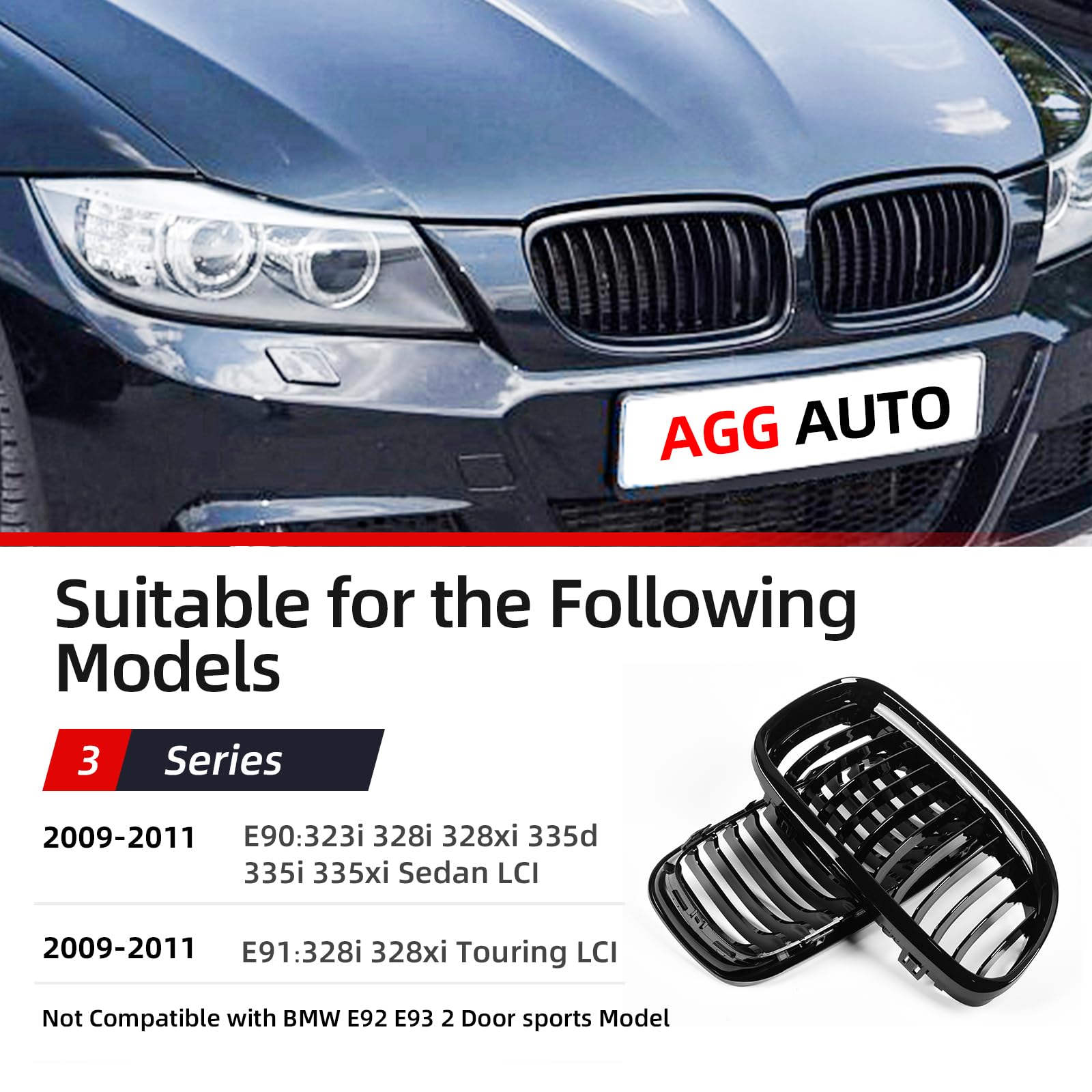 AggAuto Brillant Noir Grille de calandre, reins avant 12 barres individuelles, Compatible avec BMW Série 3, E90/E91, 2009-2011