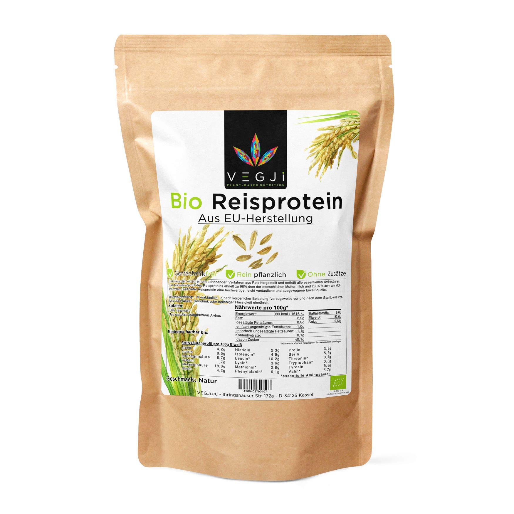 Bio Reisprotein aus EU-Herstellung - 1000g, geprüfte Qualität, schonende Verarbeitung, hoher Proteingehalt