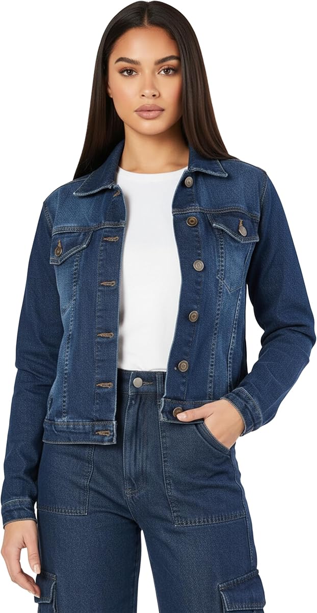 2026 Cotton Denim Jacket for Women Stretchy Fitted with 6 Pockets – Lightweight Trendy Jean Jacket